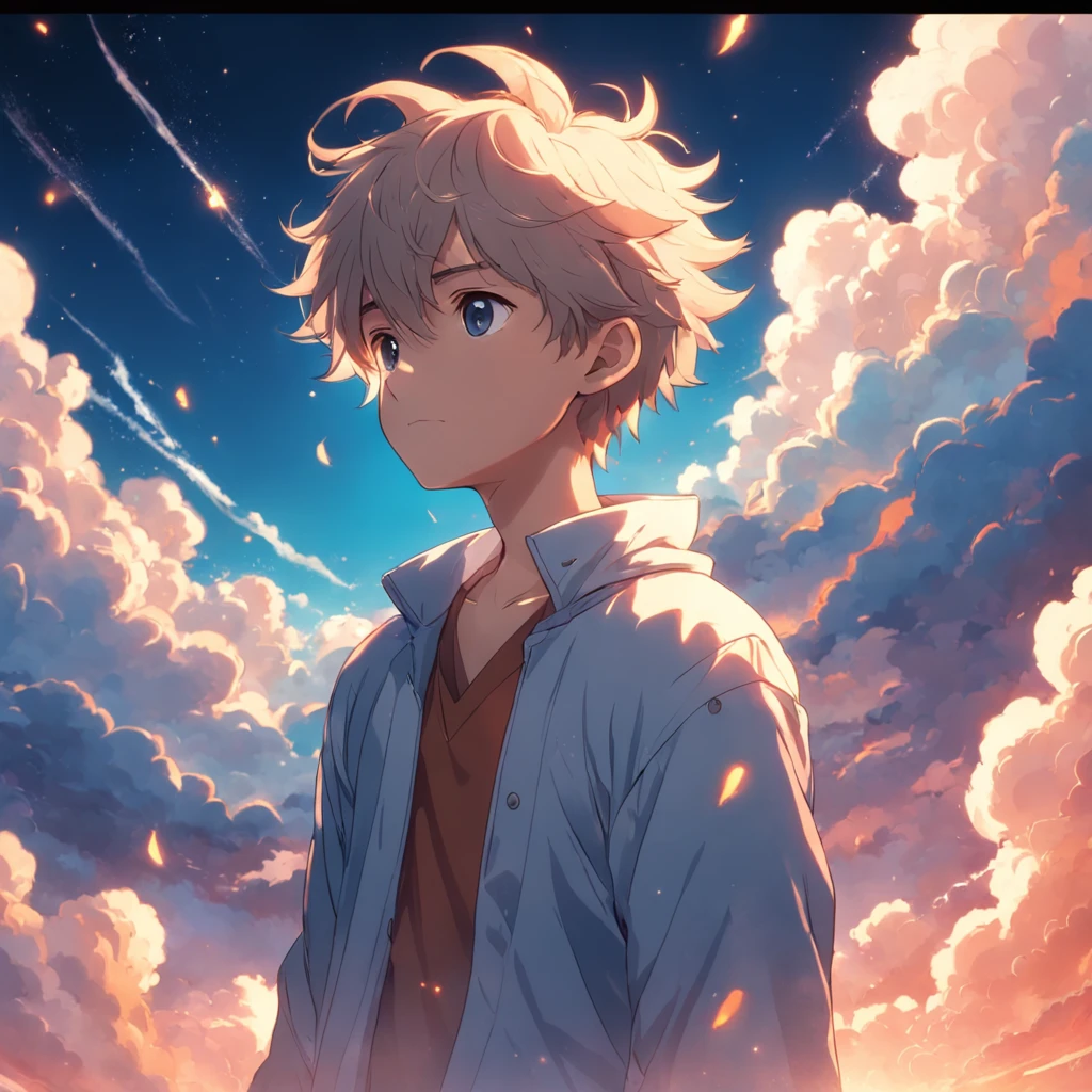 Masterpiece, Best Quality, Movie Stills, 1boy, Cloud Boy, Floating in the Sky, Close-up, Bright, Happy, Warm Soft Light, Sunset, (Sparkle: 0.7)