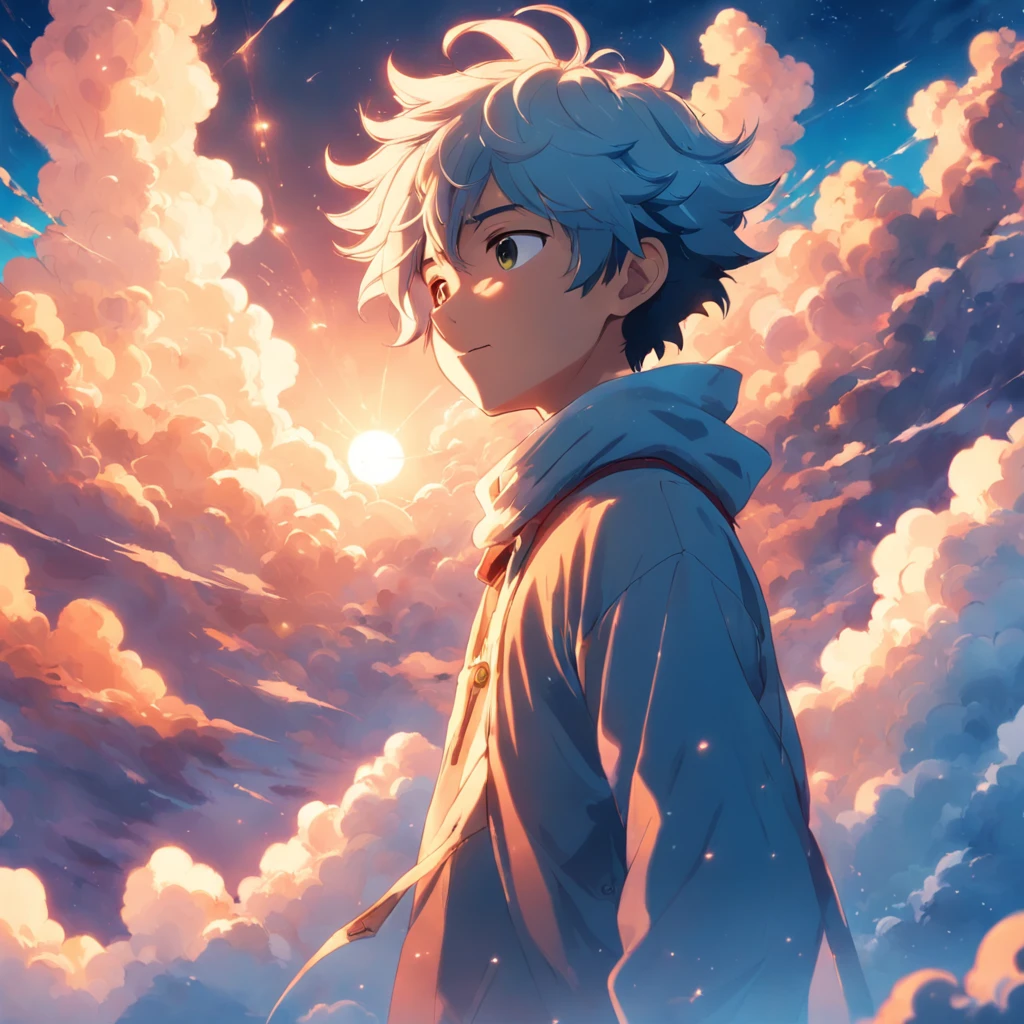 Masterpiece, Best Quality, Movie Stills, 1boy, Cloud Boy, Floating in the Sky, Close-up, Bright, Happy, Warm Soft Light, Sunset, (Sparkle: 0.7)