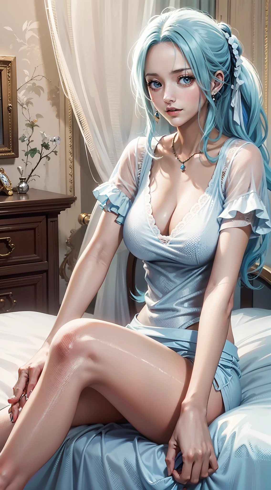 vivi from anime one piece, long hair, light blue hair, ponytail hair, perfect body, perfect breasts, beautiful woman, very beautiful, wearing an over sized white t-shirt, wearing black panties, on the bed, sitting on the bed, on bedrooms, luxury mattresses, Realism, masterpiece, textured skin, super detail, high details, high quality, best quality, 1080P, HD, 16k