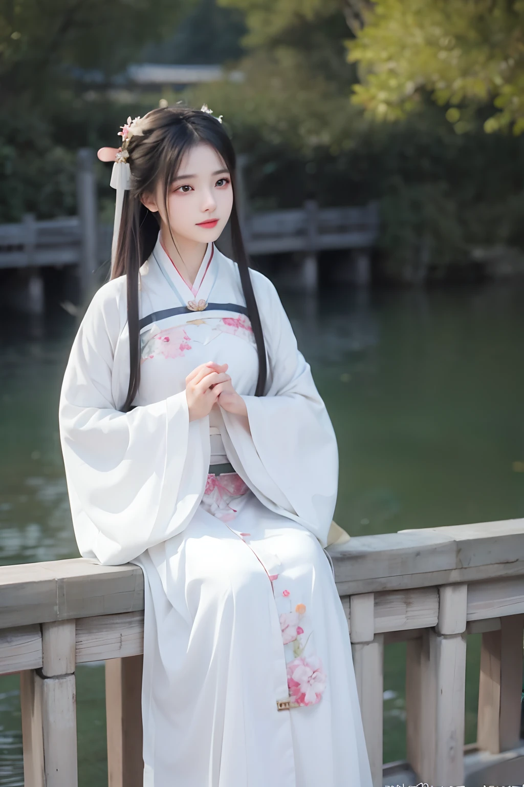 Arad woman in a white dress sits on a wooden bridge, White Hanfu, Hanfu, Palace , A girl in Hanfu, Wearing ancient Chinese clothes, Traditional Chinese clothing, with acient chinese clothes, Chinese costume, Traditional beauty, dressed with long fluent clothes, Chinese traditional, Chinese girl, white hime cut hairstyle, flowing white robe