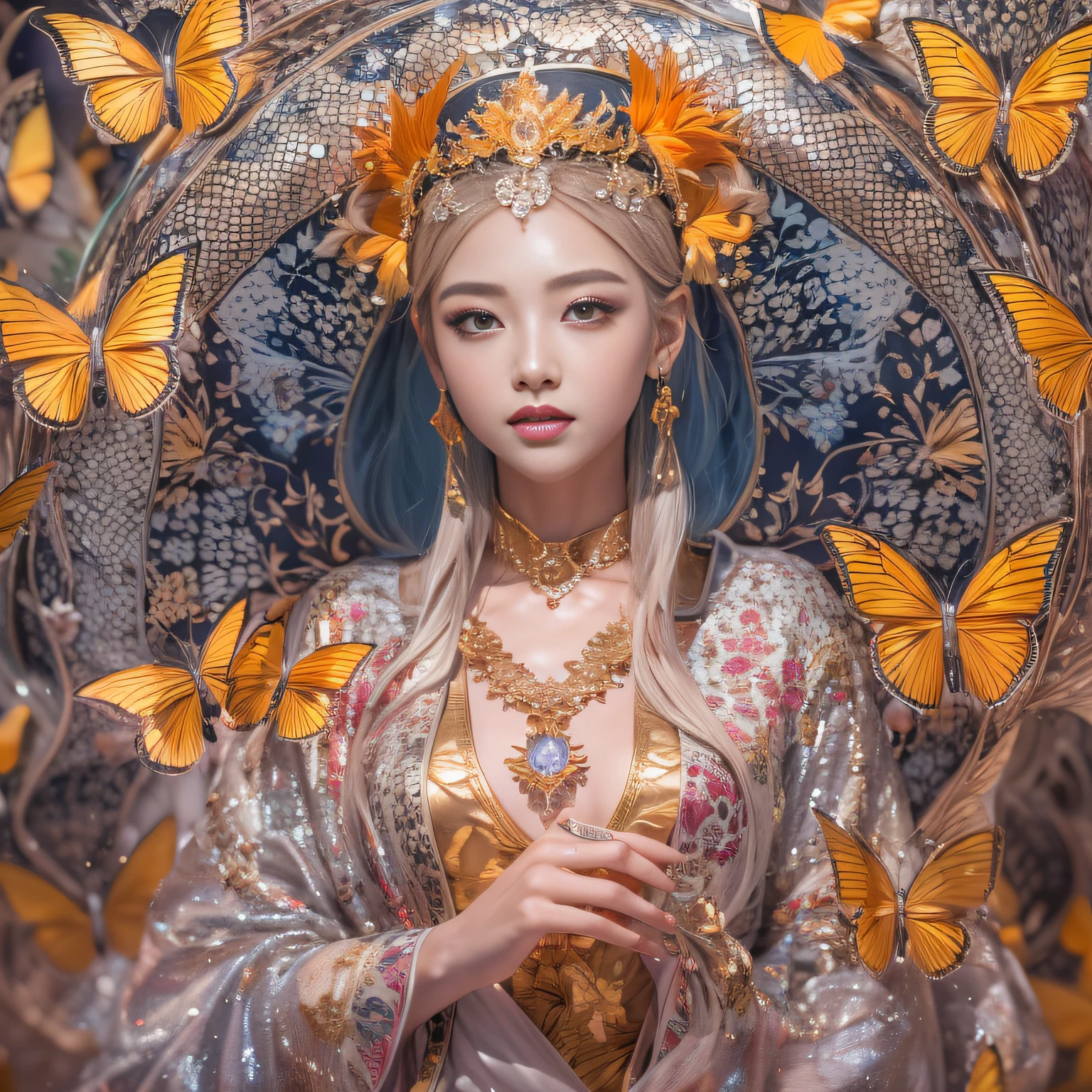 32K（tmasterpiece，k hd，hyper HD，32K）Short flowing light orange hair，Gold jewelry area in the back room，Goddess of Shandong ，Silver Gold Dragon Protector （realisticlying：1.4），Python pattern robe，Purple-pink tiara，Gold foam flutters，The background is pure，Hold your head high，Be proud，The nostrils look at people， A high resolution， the detail， RAW photogr， Sharp Re， Nikon D850 Film Stock Photo by Jefferies Lee 4 Kodak Portra 400 Camera F1.6 shots, Rich colors, ultra-realistic vivid textures, Dramatic lighting, Unreal Engine Art Station Trend, cinestir 800，Hold your head high，Be proud，The nostrils look at people，Short light orange hair，Linen vest，Impeccable，Exaggerated and unfounded feelings about one's own importance and talents (pompous). Focus on unlimited butterfly fantasies, influencer, power, information, Beauty, Or perfect love. Attributed to the special and unique，Only the highest quality people should be associated，Purple-pink