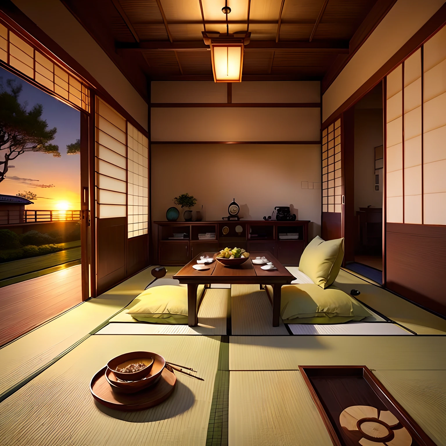 Sunset dusk Japanese style house interior design Tyndall effect