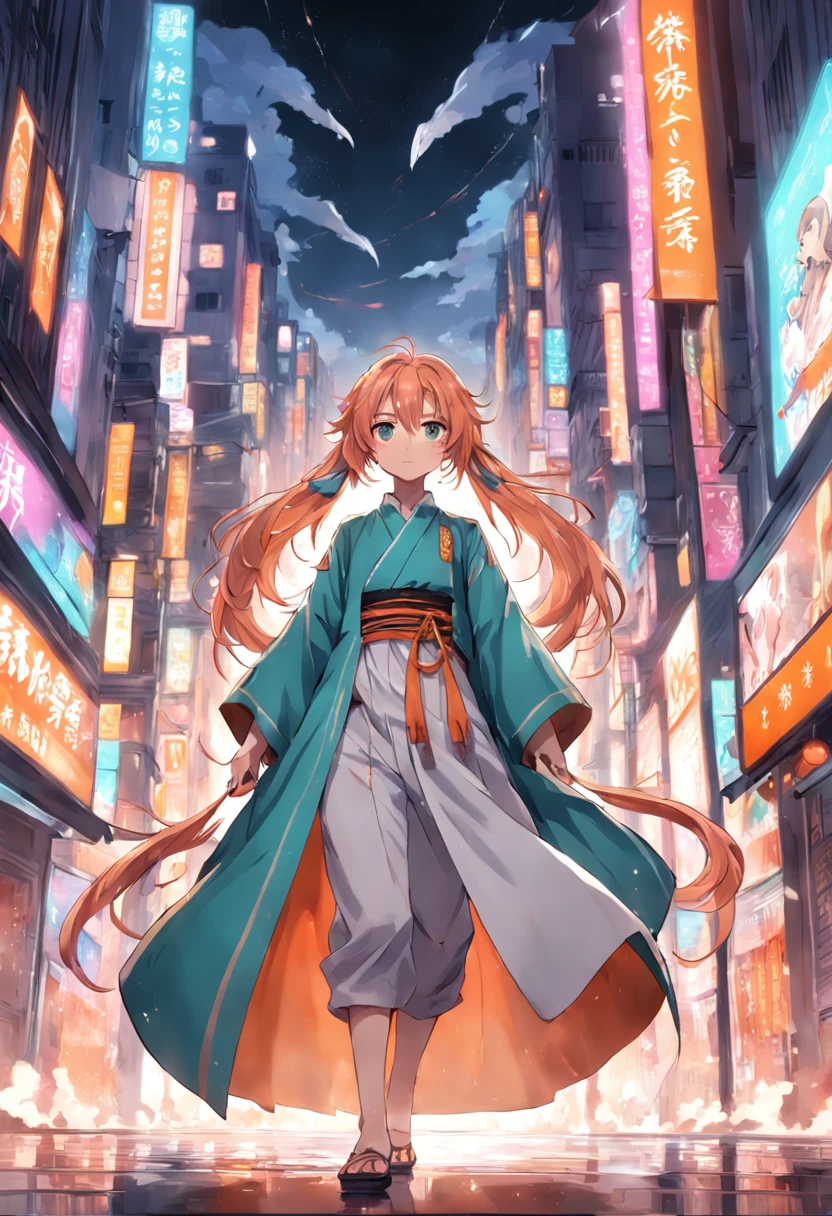 [(White background:1.4)::5],Original,(illustration:1.1),(Best quality),(巨作:1.1),(Extremely detailed Cg Unity 8K wallpaper:1.1), (Colorful:0.9),(imid shot:0.95),(full bodyesbian:1.25),Dynamic Angle,(Solo:1.2),[Bottle bottom],（（（1 boy 3.5）））），Orange-pink hair，（Green Eyes 1.5），Popular in pixiv，Anime characters，as an anime character，Male characters，Long ponytail hair，Fantasy magic，Mage robes，Fantastical，Exquisite medieval streets，（Nice face），Beautiful detailed face，Extremely delicate and beautiful boy，sunny clear sky，ventania，beautiful sky，cumulus cloud