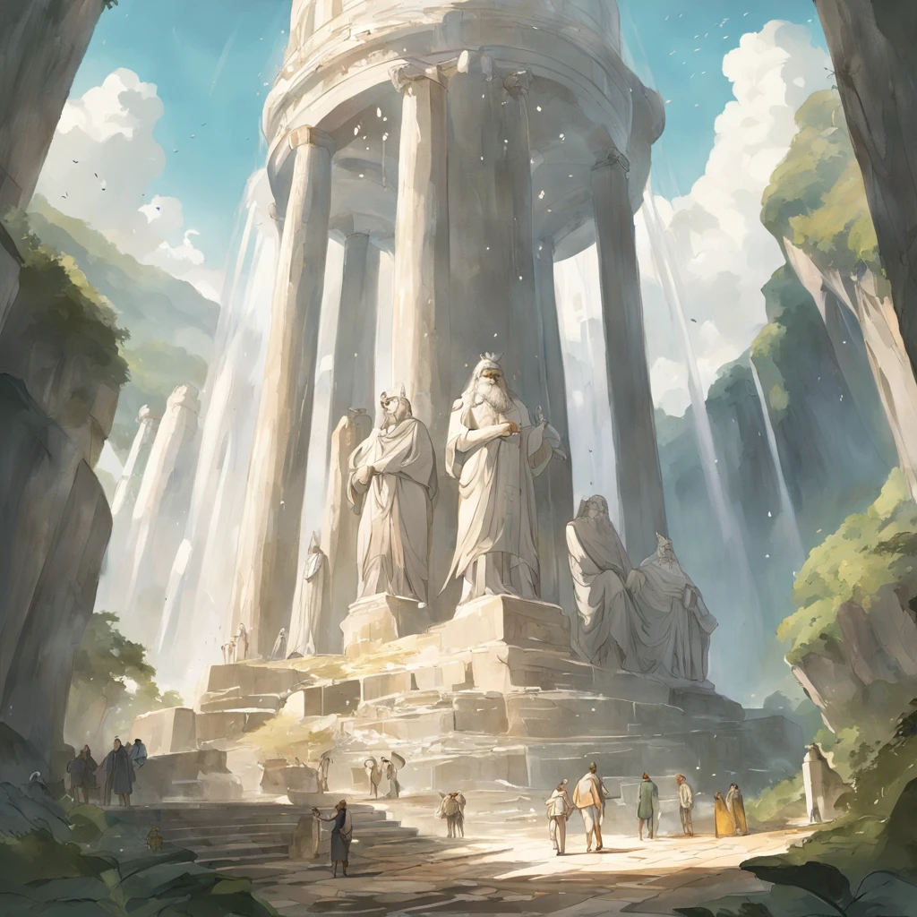 "Vemos uma paisagem majestosa de montanhas escarpadas se elevando acima das nuvens. No topo da montanha mais alta, Towering temples of white marble with huge columns and pediments decorated with elaborate sculptures rise. Entre os templos, golden statues of Greek gods like Zeus, Atena e Apolo se destacam. Caminhos largos percorrem a montanha entre jardins verdejantes e chafarizes cristalinos. Ao longe, Waterfalls plummet from steep slopes. Above all there is an ethereal and divine atmosphere, com raios de sol que atravessam as nuvens e iluminam este reino dos deuses elevado acima do mundo dos mortais."