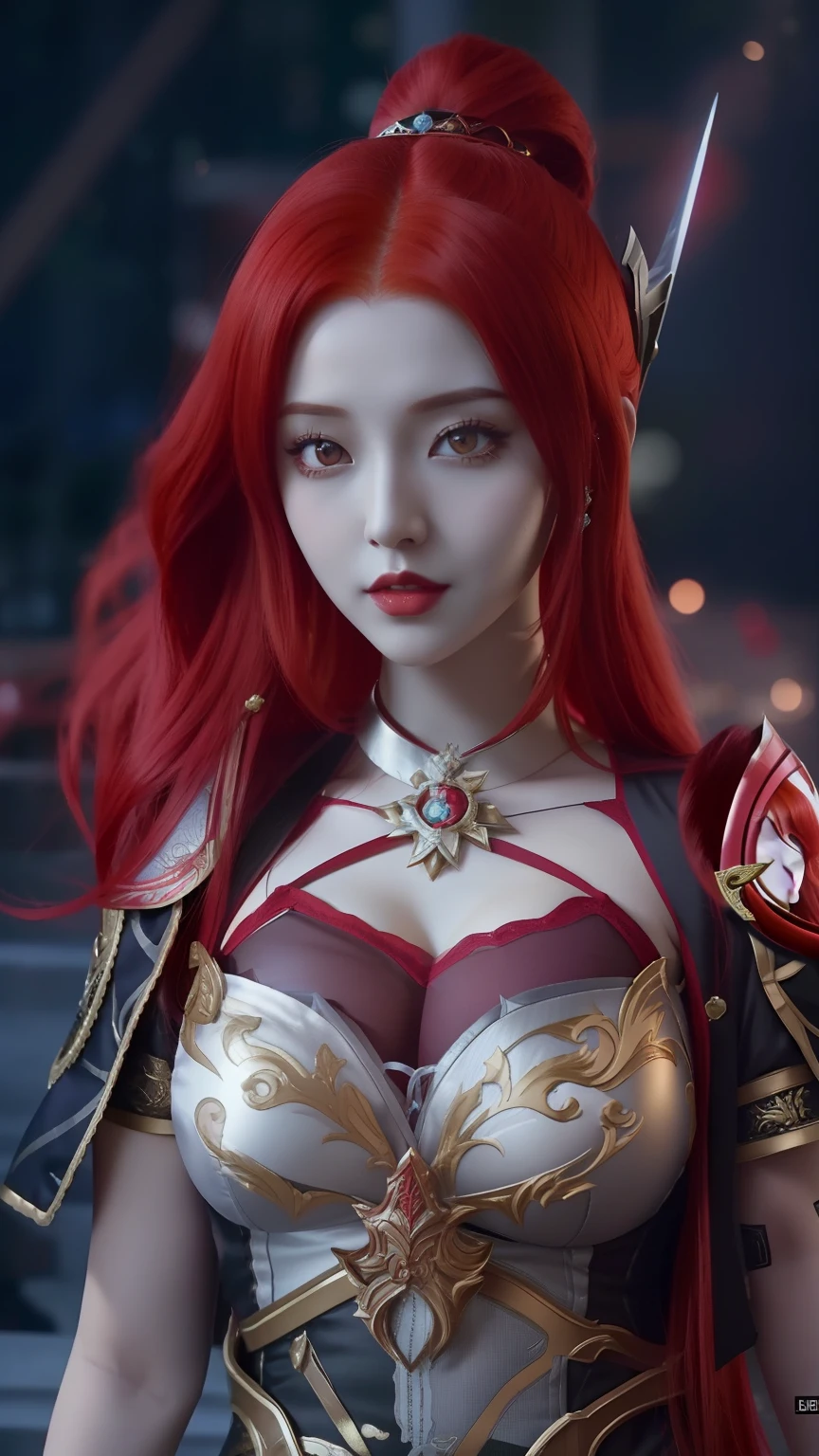 a close up of a woman with red hair and a red wig, samira from league of legends, from league of legends, zhongli from genshin impact, katarina from league of legends, bian lian, keqing from genshin impact, irelia from league of legends, katarina, red haired goddess, portrait knights of zodiac girl, irelia