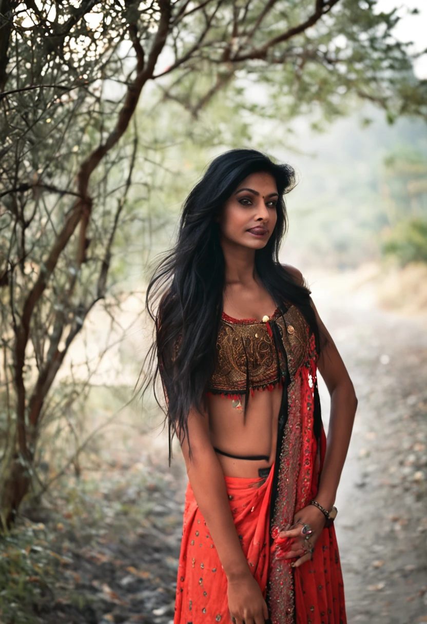 Indian women , long black hair, black eyes, happy face, red lips