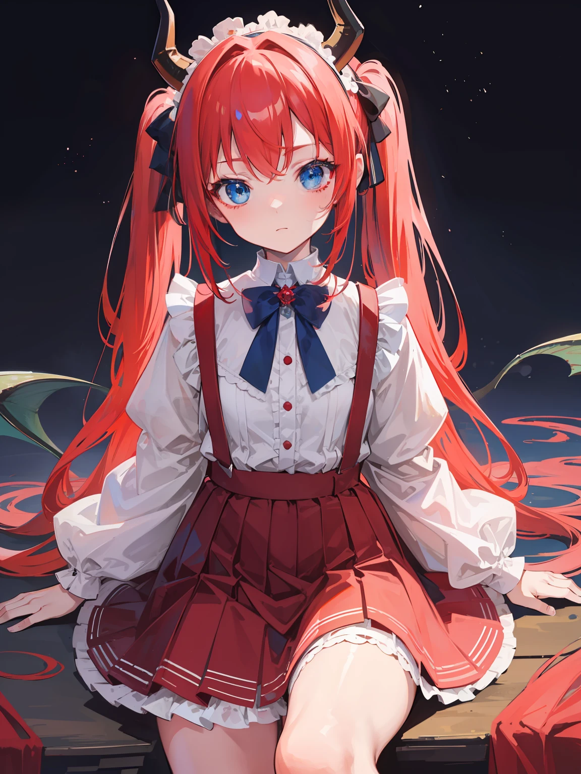 {{best quality}}, {{masterpiece}}, {{ultra-detailed}}, {illustration}, {detailed light}, red hair,blue eyes,twintails,lolita,Suspenders skirt,Fantastic,loli,solo,Dragon horns, girl,long hair