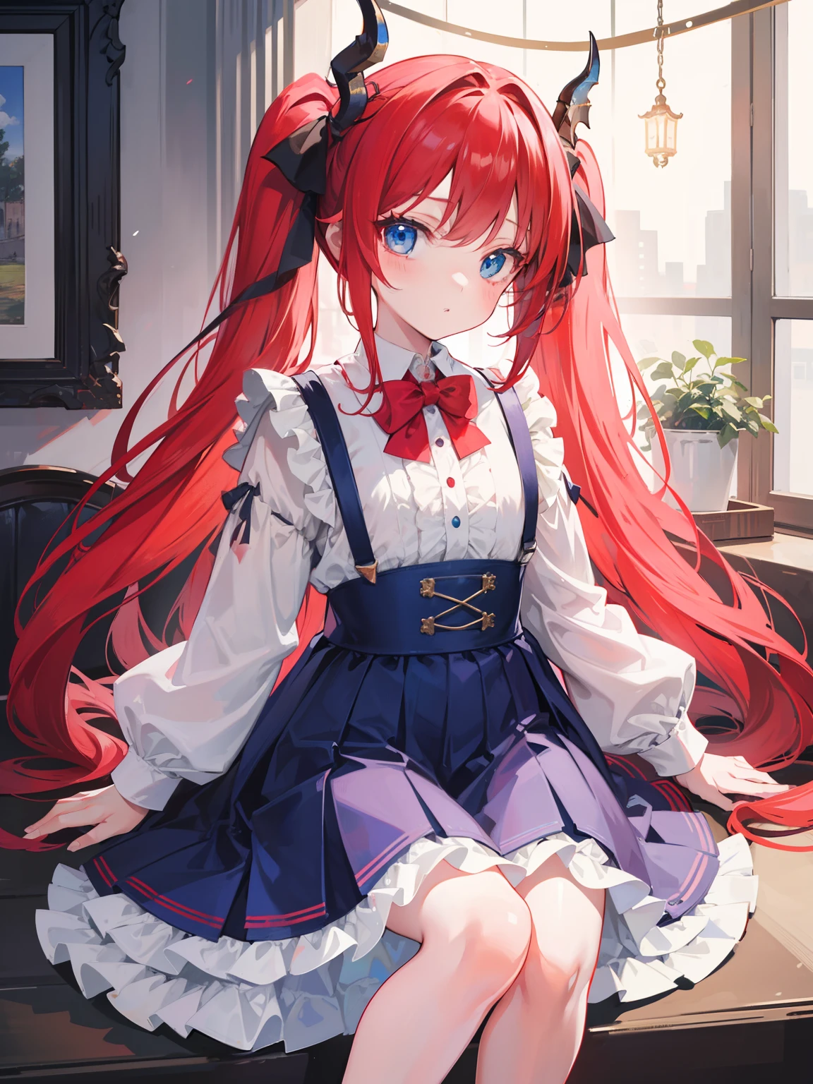 {{best quality}}, {{masterpiece}}, {{ultra-detailed}}, {illustration}, {detailed light}, red hair,blue eyes,twintails,lolita,Suspenders skirt,Fantastic,loli,solo,Dragon horns, girl,long hair
