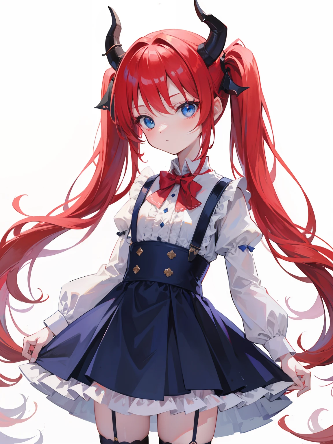 {{best quality}}, {{masterpiece}}, {{ultra-detailed}}, {illustration}, {detailed light}, red hair,blue eyes,twintails,lolita,Suspenders skirt,Fantastic,loli,solo,Dragon horns,little girl,long hair
