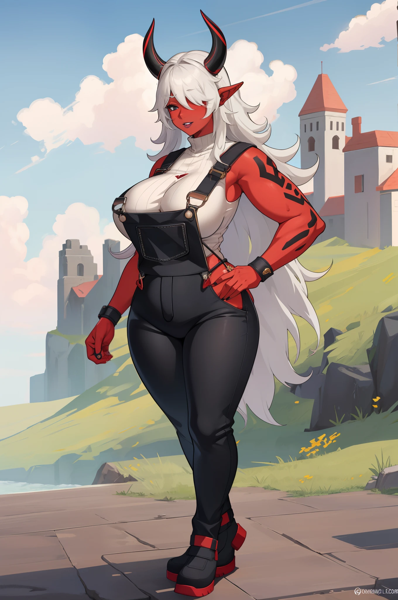 1girl, solo, huge breasts, , wide hips, thick thighs, curvy, black overalls, bDesdemona, red skin, white hair, , horns , pants, cloak, pullover, full body