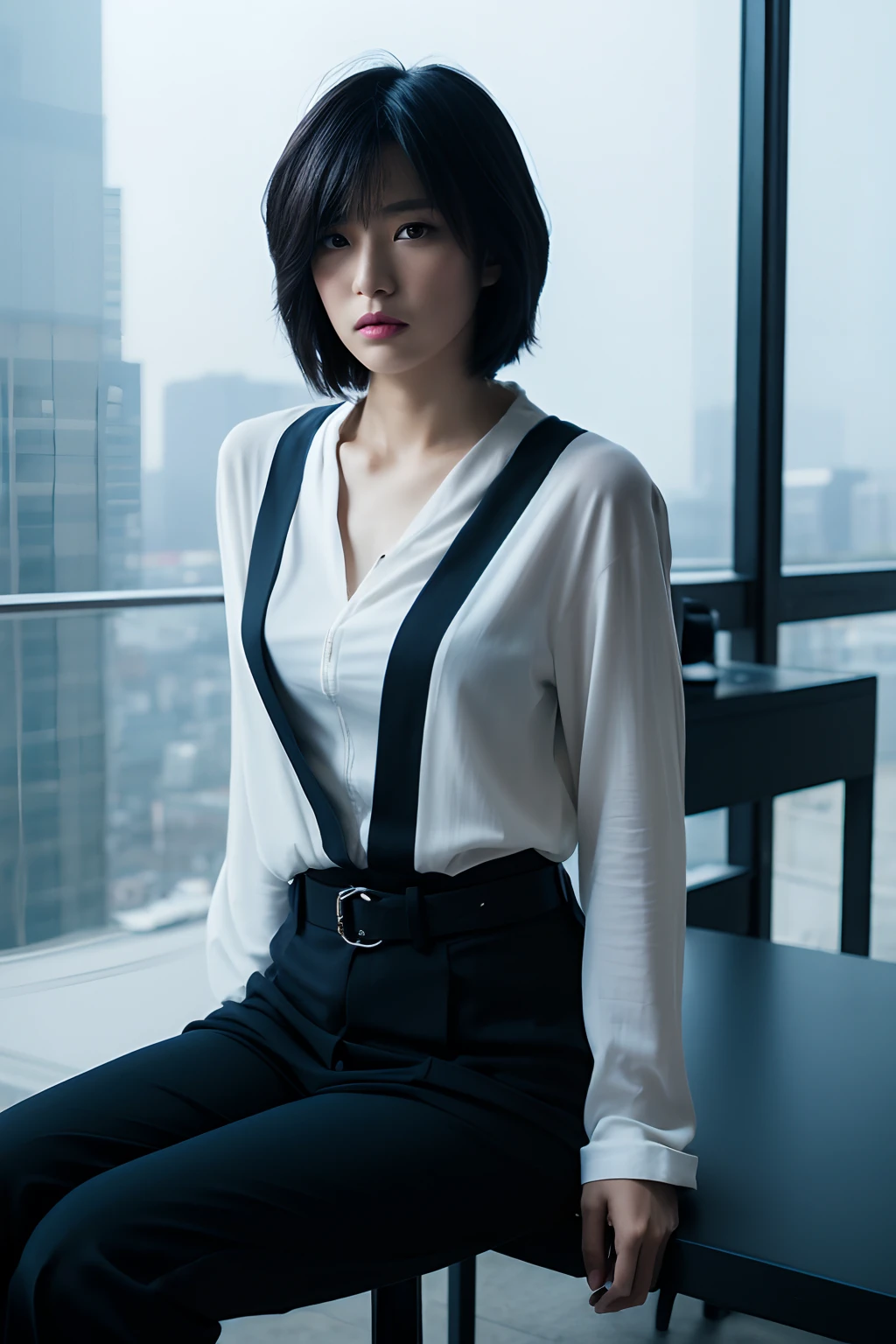 (Masterpiece, Best quality:1.2), Solo, 1girll, kusanagi motoko, Expressionless, Closed mouth, view the viewer, Sitting, tightsuit, Pants, belt