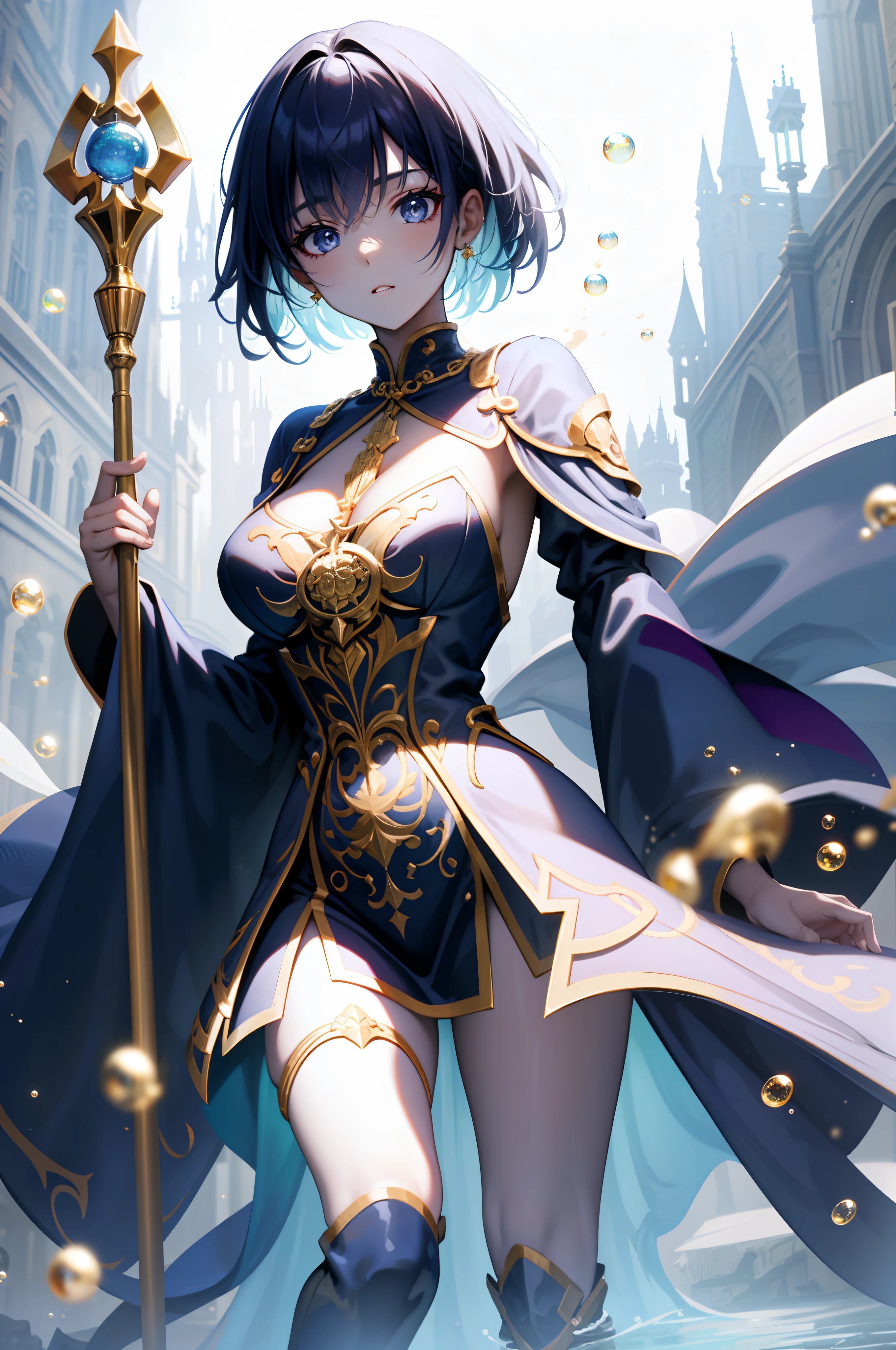 a pregirl, magestic, Stand at the Academy of Magic, Wear robes, Magician suit, holding a staff, chanting magic, Colorful bubbles float around, Experiment with magic, cabelos preto e longos, The figure is good, slender thigh, European people, Pixie cut, Thinking, contemplative, hyper HD, Masterpiece, Textured skin, Super detail, High details, Award-Awarded, Best quality