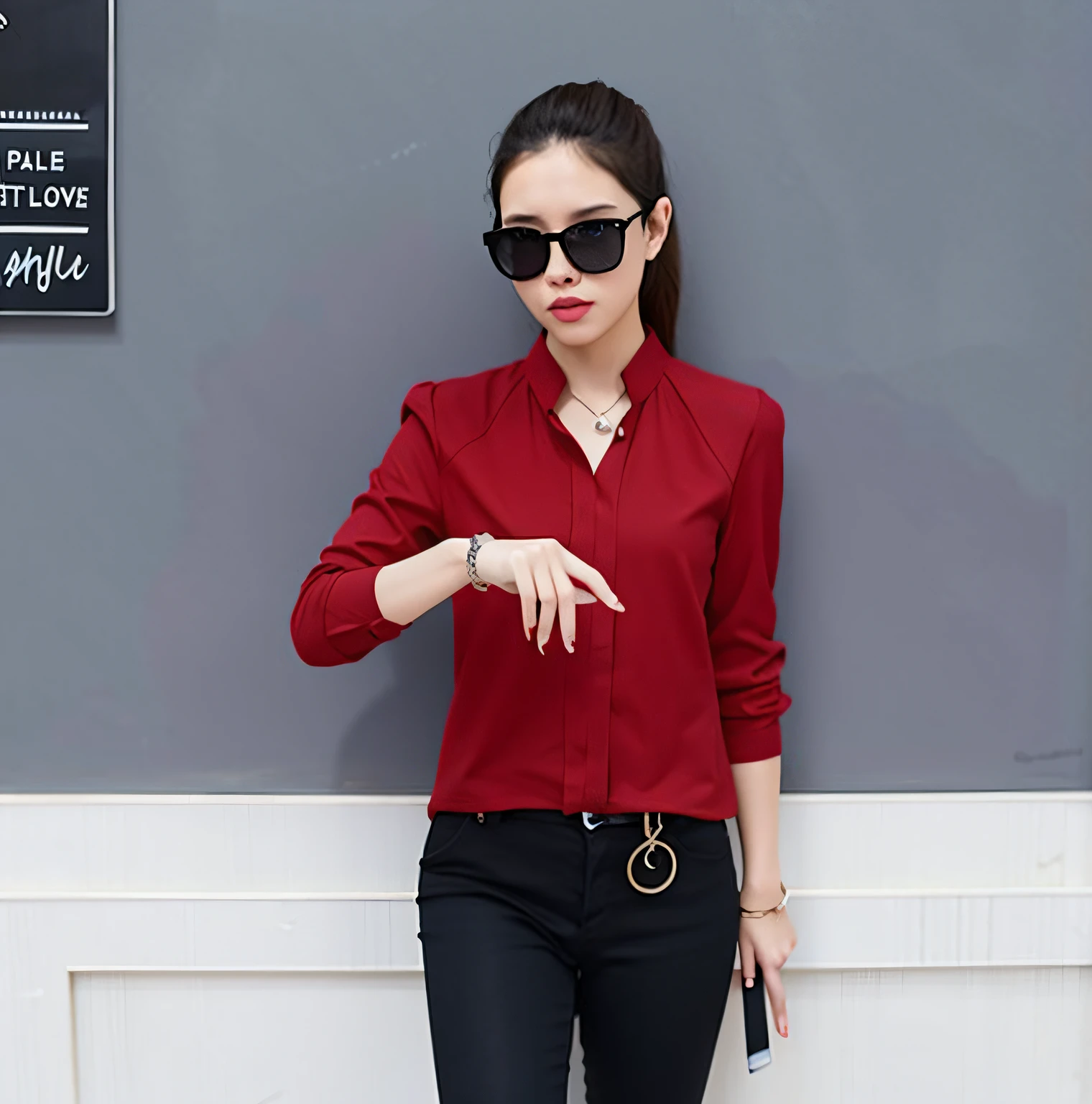 Beautiful South American woman in red shirt and black pants standing in front of gray wall, red elegant shirt, dominating red color, wearing  shirt, loose - fitting blouses, black and red silk clothing, wearing red formal attire, Red shirt, red shirt brown pants, detailled image, black and red only, wearing red attire, Detailed picture, maroon red, office clothes，The clothes do not change