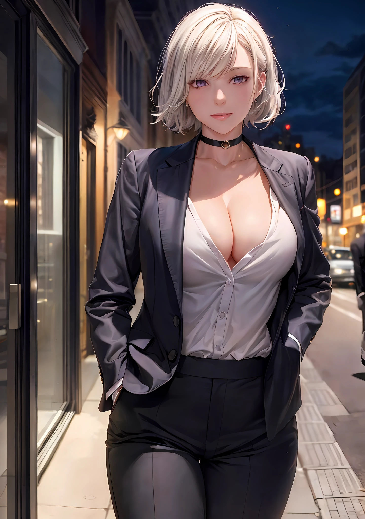 (masterpiece, best quality:1.2), cowboy shot, solo, 1girl, white hair, short wavy hair, purple eyes, average breasts, slender body, light smile, looking at viewer, hands in pockets, formal, suit, (braless), cleavage, black pants, choker, cityscape scenery, street, night light, night time, cigsmoker