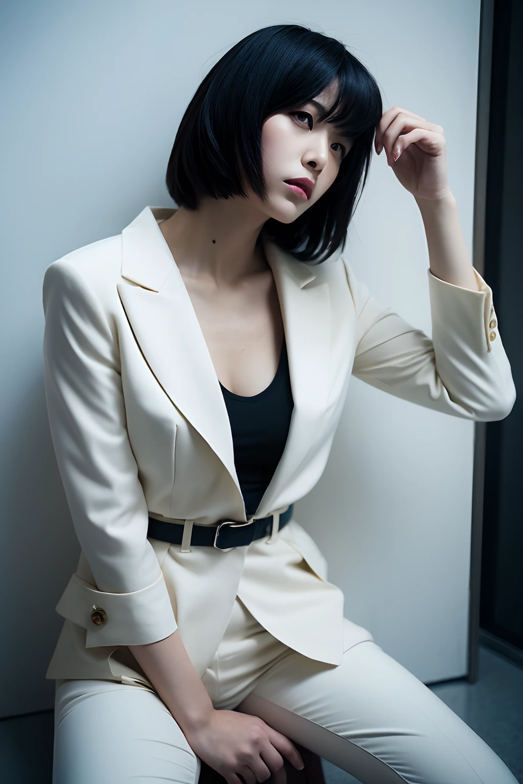 (Masterpiece, Best quality:1.2), Solo, 1girll, kusanagi motoko, Expressionless, Closed mouth, view the viewer, Sitting, tightsuit, Pants, belt