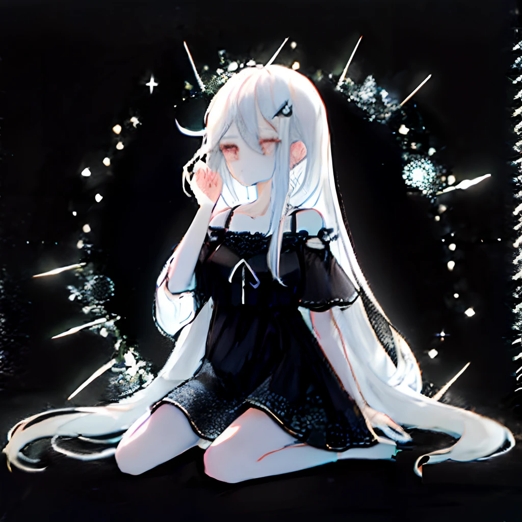 White long hair anime girl sitting on the ground,Wearing a white dress,Lace skirt,Long soft hair,adorable expression,Pure white hair,White hair bouquet,Long white hair that flows naturally,Charming white-haired doll,White-haired girl,Gray hair flutters in the wind,Pure and immaculate white hair,Fresh and natural fairy with gray hair,Long hair as soft as snow。