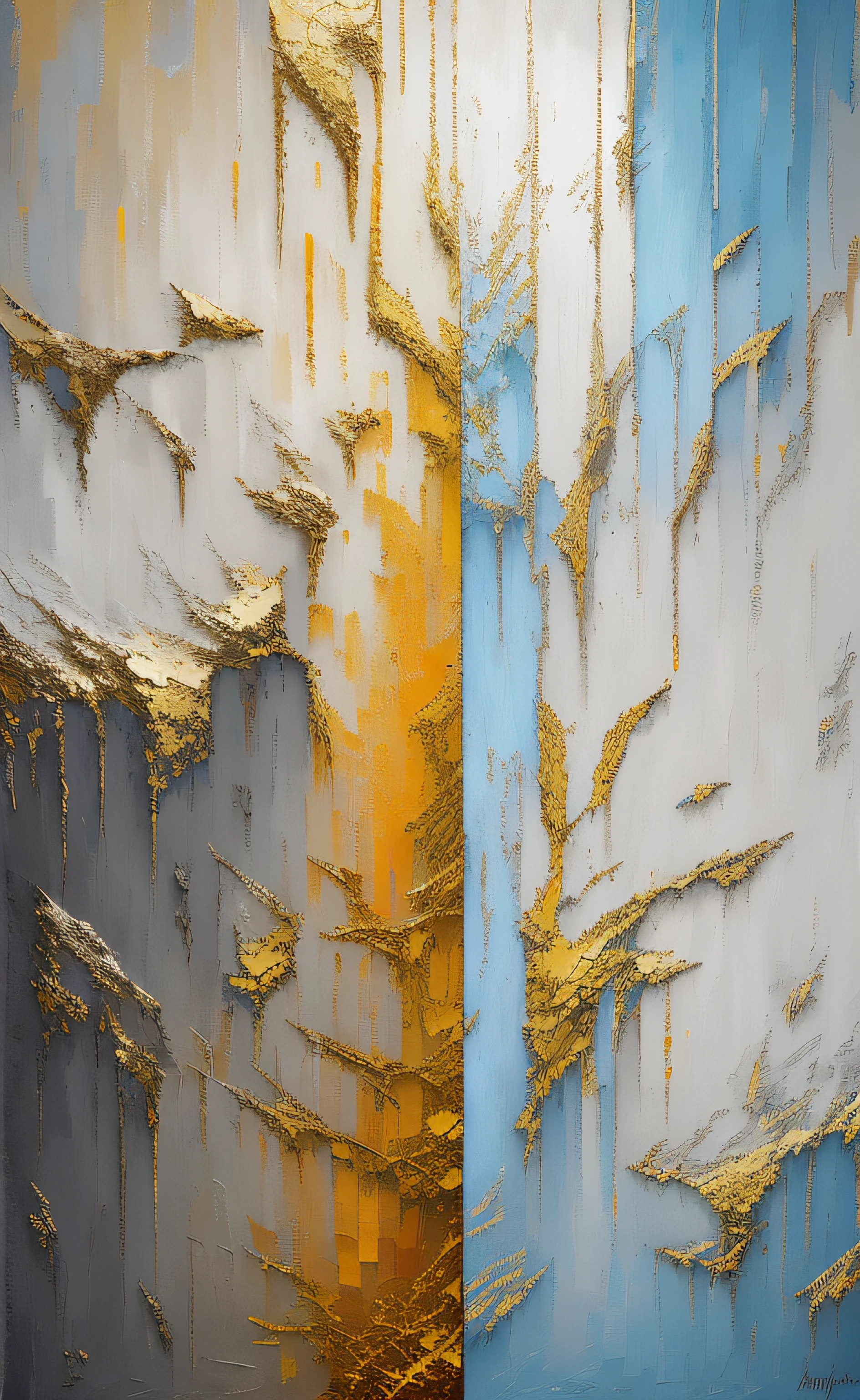 Arafeld Wall,Made of squares of different colors, palette knife texture, layered impasto, palette knife texture, highly abstract, alexey egorov, semiabstract, detailed impasto, light grey blue and golden, highly textured oil painting, touch of gold leaf, Fauvist painting