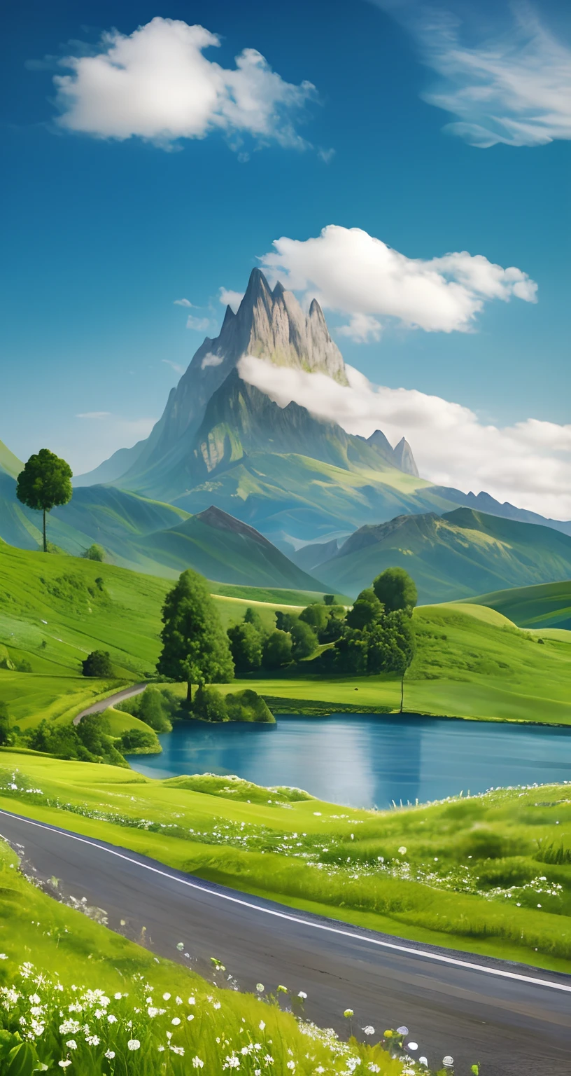 There is a road through the green fields,The background is a mountain, Big Mountain, giant imposing mountain, beatiful mountain background, Breathtaking landscapes, middle earth landscape, beautiful mountains, mountainous terrain, epic landscapes, impressive fantasy landscape, Detailed scenery —width 672, scenic mountain setting, epic landscapes, mountainous setting, Beautiful environment