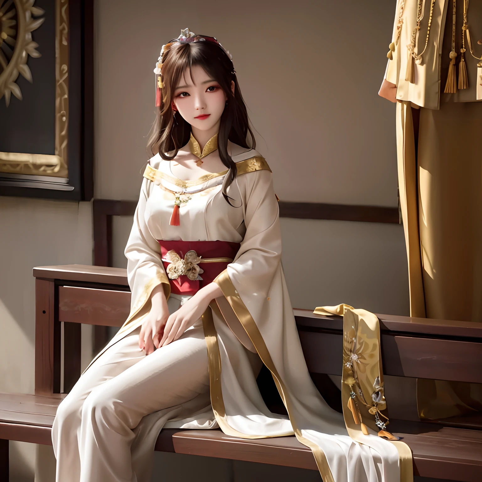 An Araki woman in a white and gold dress sits on a bench, Palace , A girl in Hanfu, White Hanfu, a beautiful fantasy empress, Wearing ancient Chinese clothes, Chinese costume, royal elegant pose, elegant glamourous cosplay, Hanfu, with acient chinese clothes, Anime girl cosplay, Princesa chinesa antiga, Japanese goddess, Inspired by Lan Ying