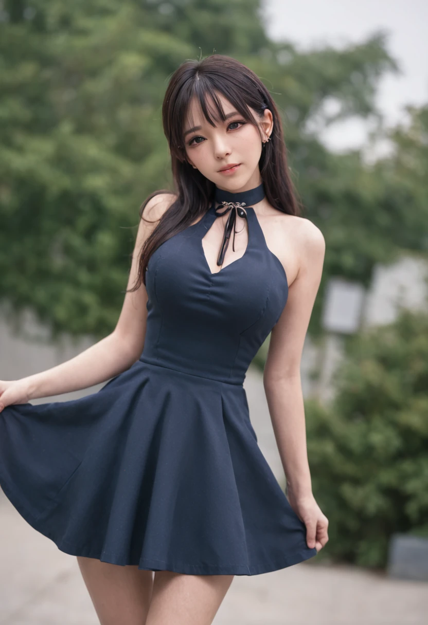 Masterpiece, Superb Piece, Full Body, 1Girl, Bangs, Black Choker, Black Tie, Black Hair, Blue Dress, Blush, Bracelet, Beautiful Breasts, Choker, Corsets, Collarbones, Collared Shirts, Denim Photos, Dress Shirts, Pierced Ears, Eyebrows Visible Through Hair, Gradient Hair, Grin, Gyaru, Jewelry, Kogal, Long Hair, Look at the Audience, Loose Tie, Tie, Piercing, Plaid Skirt, Plaid Skirt, Pleated Skirt, Red Eyes, Ring, School Uniform, Shirt, Skirt, Smile, Solo , white shirt, street, sky, cherry blossoms, petals, illustration, (magazine: 1.3), (cover style: 1.3), fashion, woman, vitality, dressing, posing, front, colorful, dynamic, background, element, confident, expressive, holding, statement, attachment, majestic, coiled, around, touch, scene, text, cover, bold, eye-catching, title, fashion, font, catchy, title, bigger, eye-catching, modern, stylish, focused, stylish