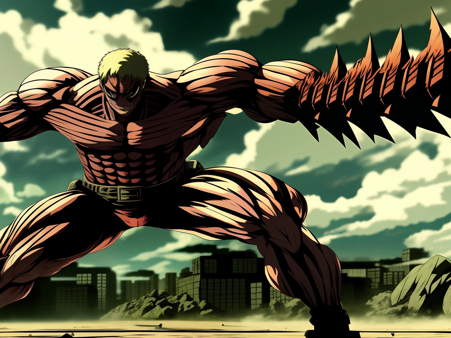 attack on titan, (attack on titans anime), as a titan, dorohedoro, baki style, The body is fuming, many muscle zones