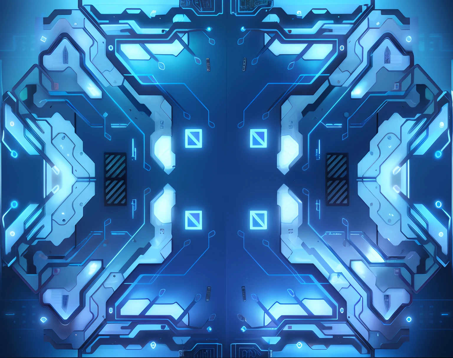 blue backdrop,Close-up of white geometric design, Symmetrical picture,Technology mode, abstract tech, Complex circuit patterns, Symmetrical digital illustration, symetry! in mecha style, Network mode, circuit, Cyberwind, solid color backdrop, abstract design. parallax. Blue, texture electronic circuit, Symmetrical 4K, circuit boards, Technological