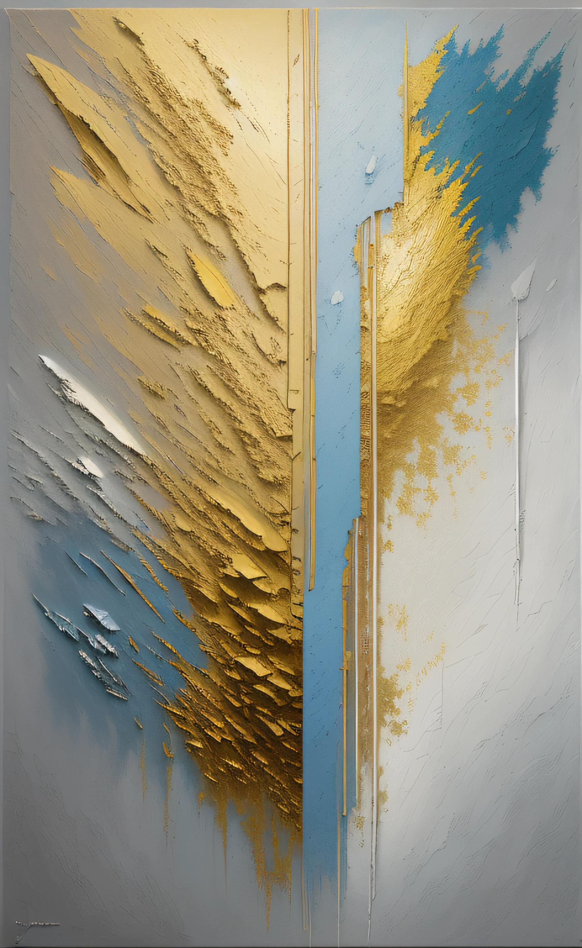 Arafeld Wall,Made of squares of different colors, palette knife texture, layered impasto, palette knife texture, highly abstract, alexey egorov, semiabstract, detailed impasto, light grey blue and golden, highly textured oil painting, touch of gold leaf, Fauvist painting