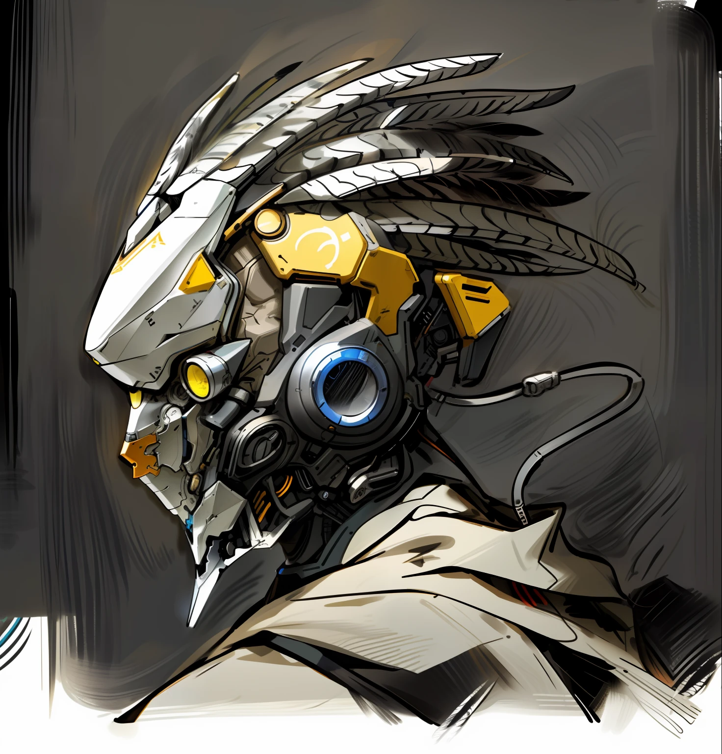 a drawing,One person wears a gas mask,A man with feathers on his head, portrait of a robot shaman, intense line art, detailed portrait of a cyborg