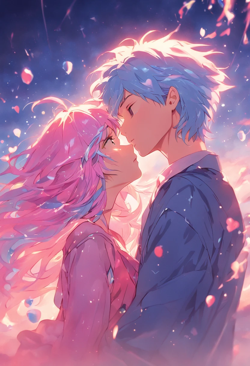Romantic couple kissing in the wind,Blue-haired boy,Girl with pink hair,glowing stars,Glow effects,Heart-shaped bubbles,the night,On a cruise ship,The face is clear and accurate,detail in face,super-fine,beachside,16K resolution,high qulity,电影灯光,High picture detail,dynamic viewing angle,Detailed pubic hair,Epic shooting,oc rendered