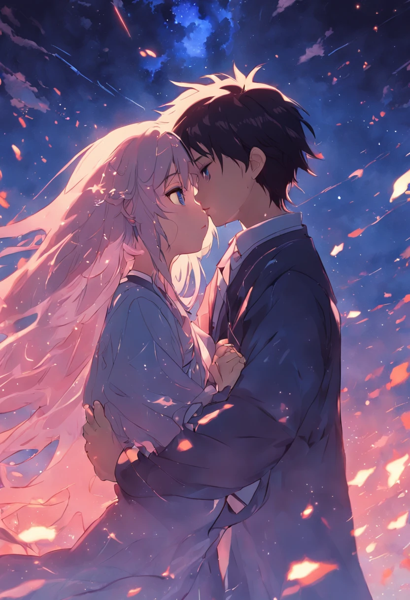 dream colors,tmasterpiece,the detail,starryskybackground,Clouds,Light and shadow effects,film effect,Rich in color,((A couple)),Embrace each other,((((In kissing)))),Petals rained down,Full moon night,Blooming with flowers,blurryforeground,Depth of field effect,A half body