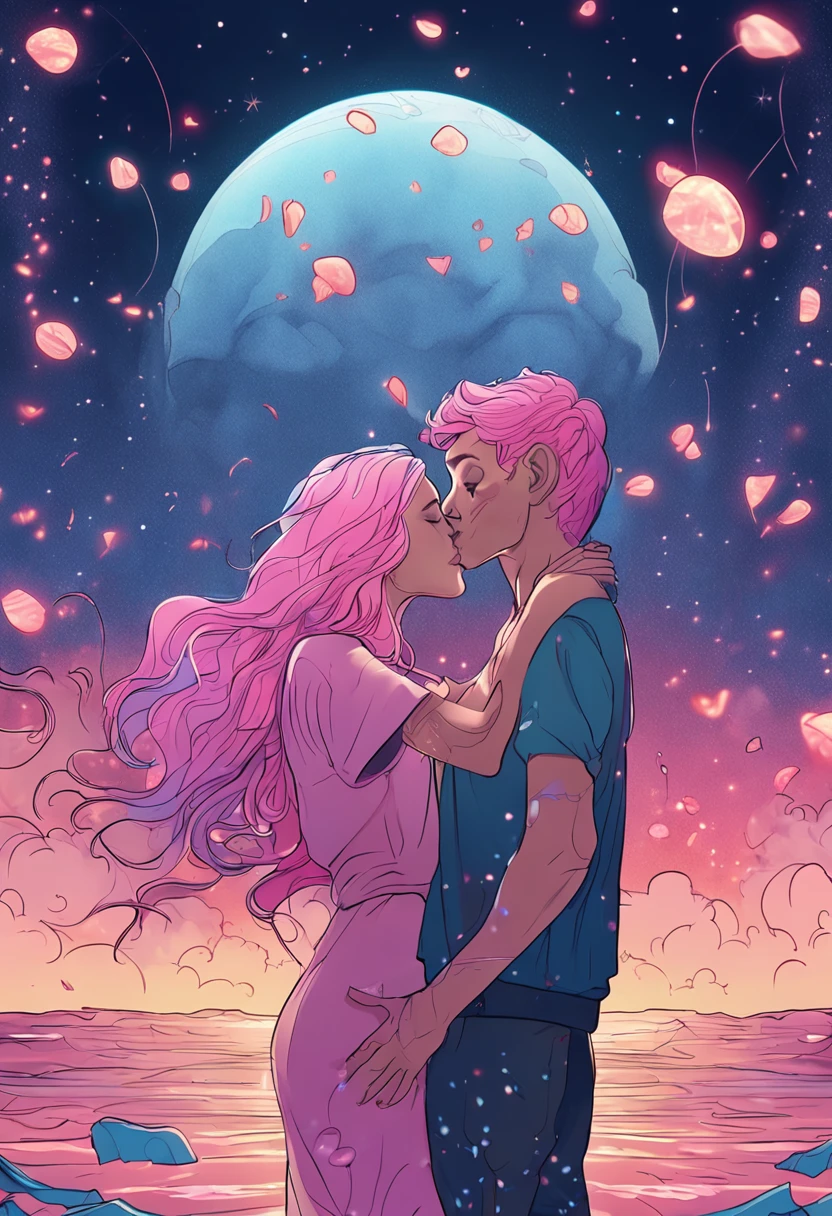 Romantic couple kissing in the wind，Blue-haired boy，Girl with pink hair，glowing stars，Glow effects，Heart-shaped bubbles，the night，On a cruise ship，The face is clear and accurate，detail in face，super-fine，beachside，16K resolution，high qulity，电影灯光，High picture detail，dynamic viewing angle，Detailed pubic hair，Epic shooting，oc rendered