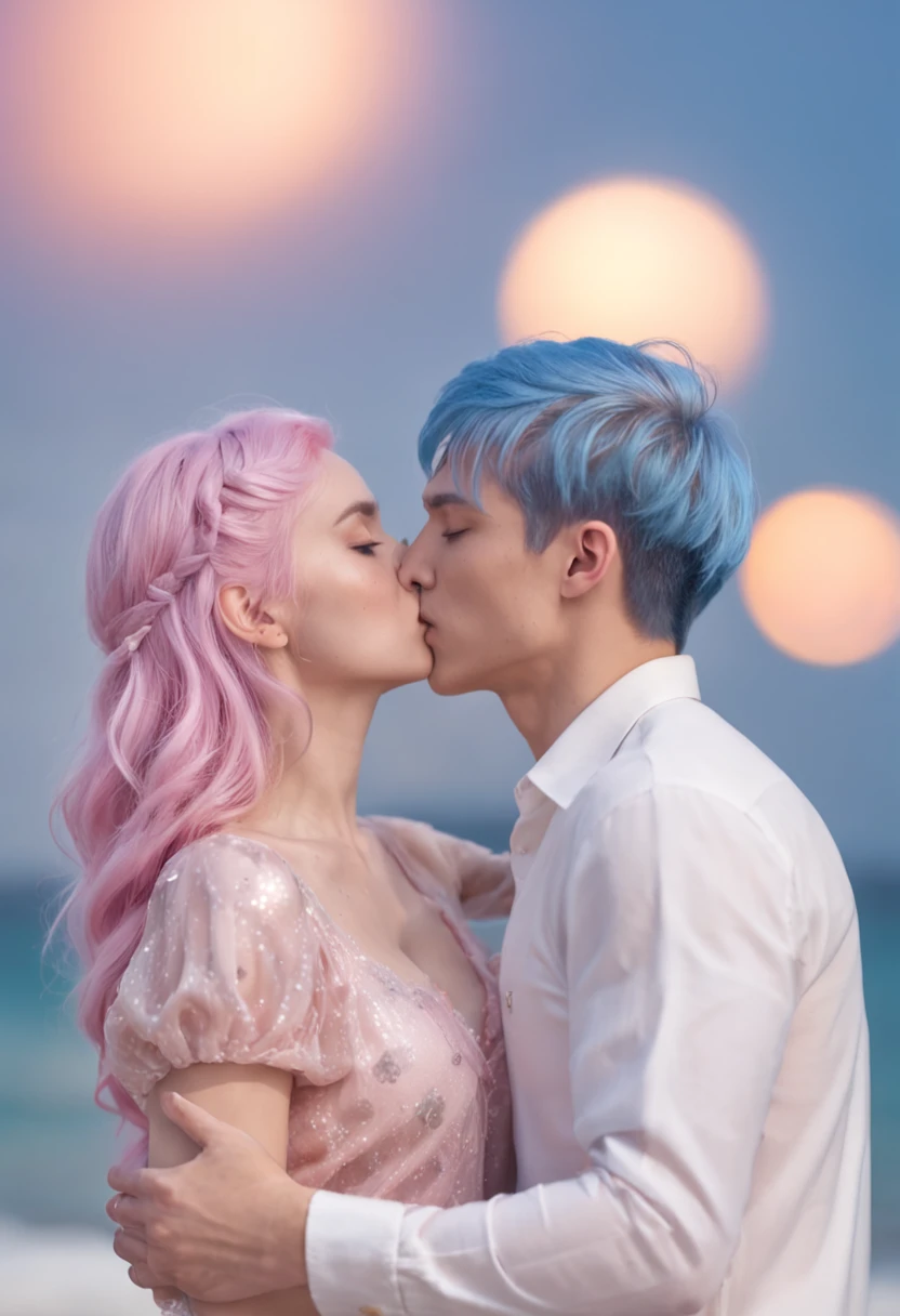 Romantic couple kissing in the wind,Blue-haired boy,Girl with pink hair,glowing stars,Glow effects,Heart-shaped bubbles,the night,On a cruise ship,The face is clear and accurate,detail in face,super-fine,beachside,16K resolution,high qulity,电影灯光,High picture detail,dynamic viewing angle,Detailed pubic hair,Epic shooting,oc rendered