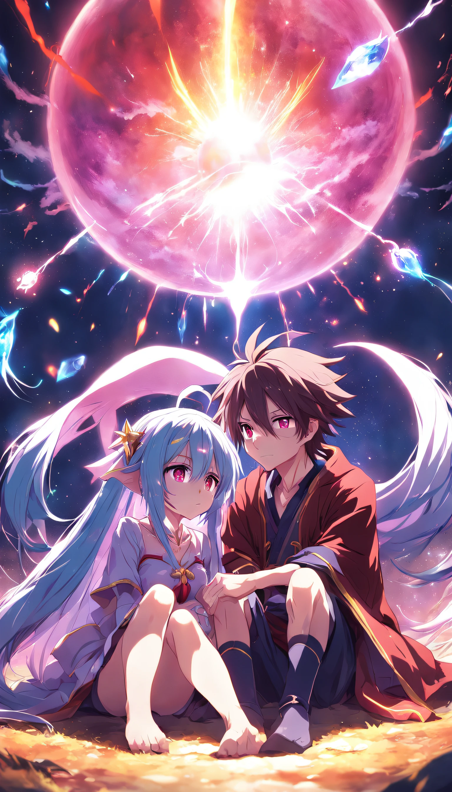 Anime couple sitting on the ground,With glowing spheres, no game no life, beautiful fantasy anime, anime in fantasy style, zerochan art, hd anime wallaper, Anime fantasy artwork, anime wallaper, ethereal anime, Beautiful anime, Anime fantasy illustration, Beautiful anime artwork, anime artsyle, Beautiful anime art