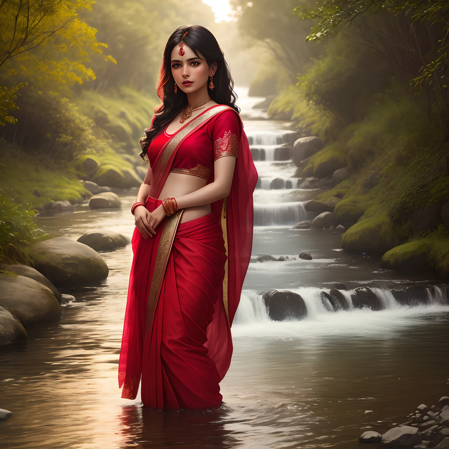 No-one42 a woman, she is wearing red saree, standing near a river, modelshoot style, extremely detailed CG unity, dslr, soft lighting, high quality, film grain, Fujifilm XT, ((realistic))
