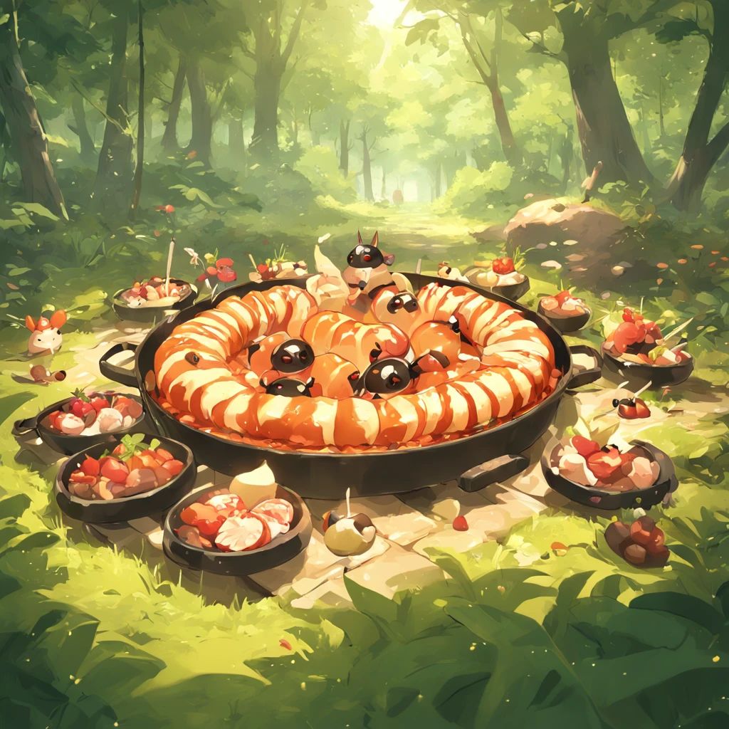 Cartoon ants enjoy a sumptuous dinner in the forest, barbecue, Bake naturally, the fruits, delicacies， ln the forest, A small dinner in the summer forest, Delicious picnic, league of legends style art, Stylized 3D rendering，Cute 3d render，3D rendering official art，Stylized anime，Ultra-realistic food，Polycount competition winner，Render baking