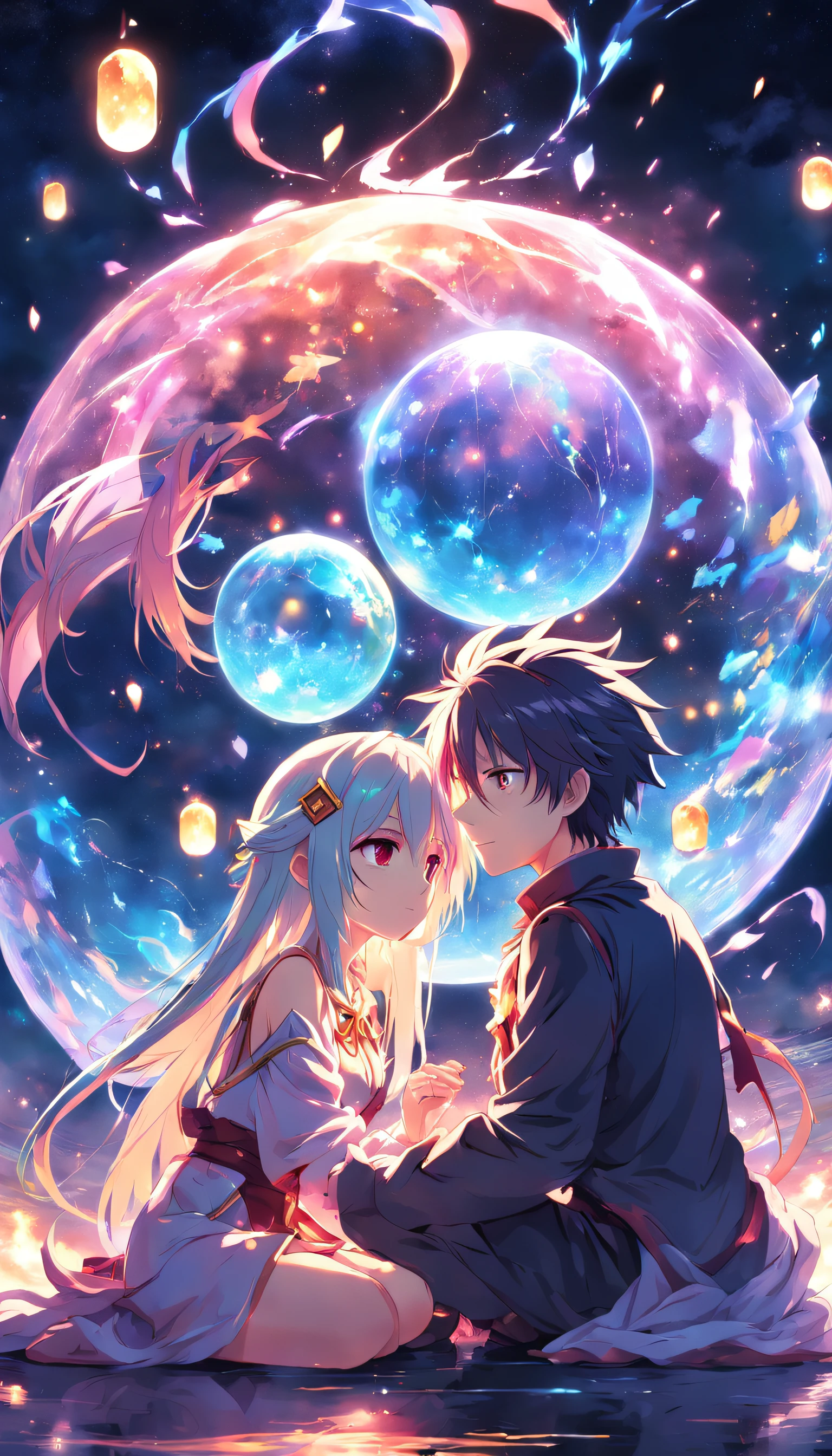 Anime couple sitting on the ground，With glowing spheres, no game no life, beautiful fantasy anime, anime in fantasy style, zerochan art, hd anime wallaper, Anime fantasy artwork, anime wallaper, ethereal anime, Beautiful anime, Anime fantasy illustration, Beautiful anime artwork, anime artsyle, Beautiful anime art