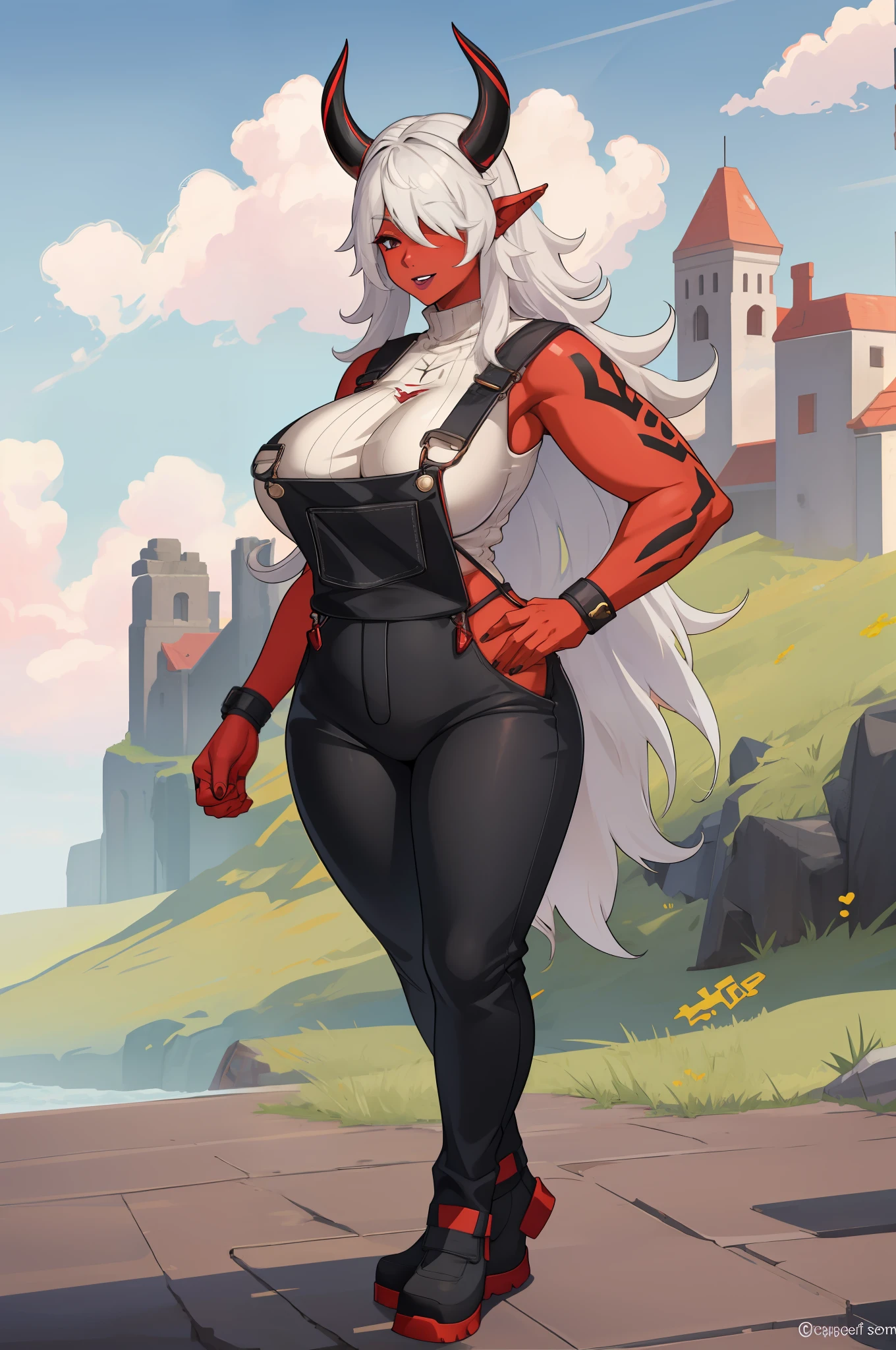 1girl, solo, huge breasts, , wide hips, thick thighs, curvy, black overalls, bDesdemona, red skin, white hair, , horns , pants, cloak, pullover, full body