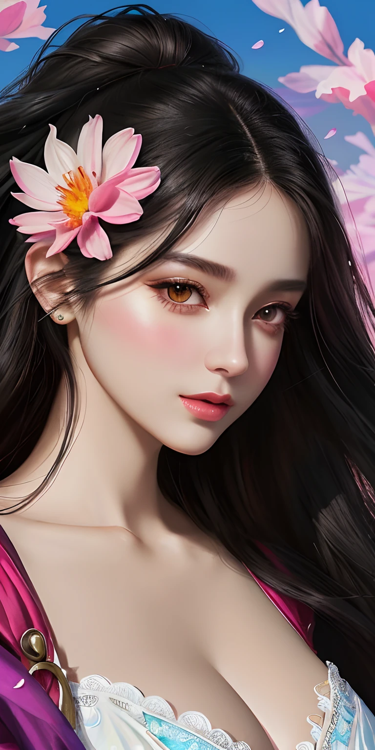 stunning beauty, Aesthetic, Oil painting style, thick coating, Women with incomparable style, Exquisite facial makeup, Black hair, long hair and waist, long eyelashes, Dark brown pupil eyes, exquisite nose, Lip balm, Inseparable strands, Beautiful posture, Graceful curves, Plump ideal type, Super special exaggerated huge breast weight, Bold, Elegant, Extravagant artistic acts, romanticism, (Fractal Art), Vibrant colors, Sunny glare smooth skin, Professional photo close-ups, Brutalist design, Explore Victoria's Secret, blush, flower petals, Vivid colors, The most beautiful chaotic shapes, Colorful, Colorful magnificent, From above, from the front side