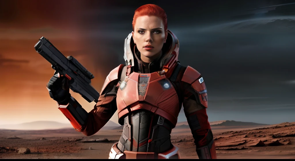 full body shot of Scarlett Johannsen holding a gun on Mars as a mass effect soldier in a futuristic outfit, (wielding a high-tech weapon), red hair, with a determined look on her face. The backdrop should depict a dystopian Martian landscape under a stormy sky.