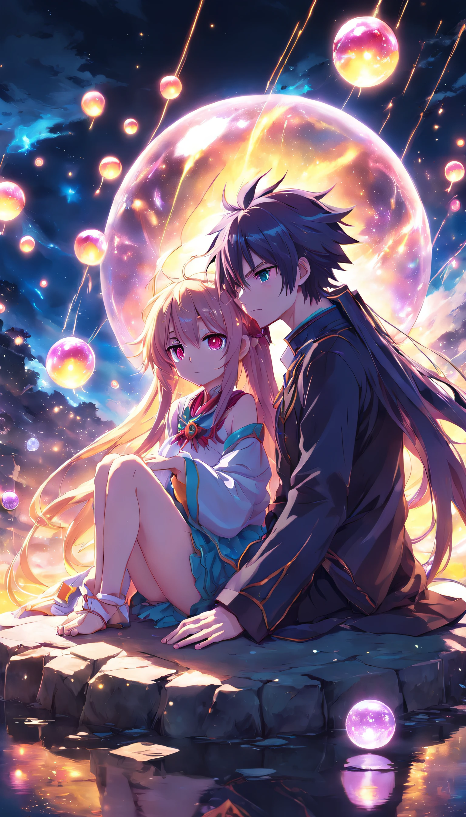 Anime couple sitting on the ground,With glowing spheres, no game no life, beautiful fantasy anime, anime in fantasy style, zerochan art, hd anime wallaper, Anime fantasy artwork, anime wallaper, ethereal anime, Beautiful anime, Anime fantasy illustration, Beautiful anime artwork, anime artsyle, Beautiful anime art