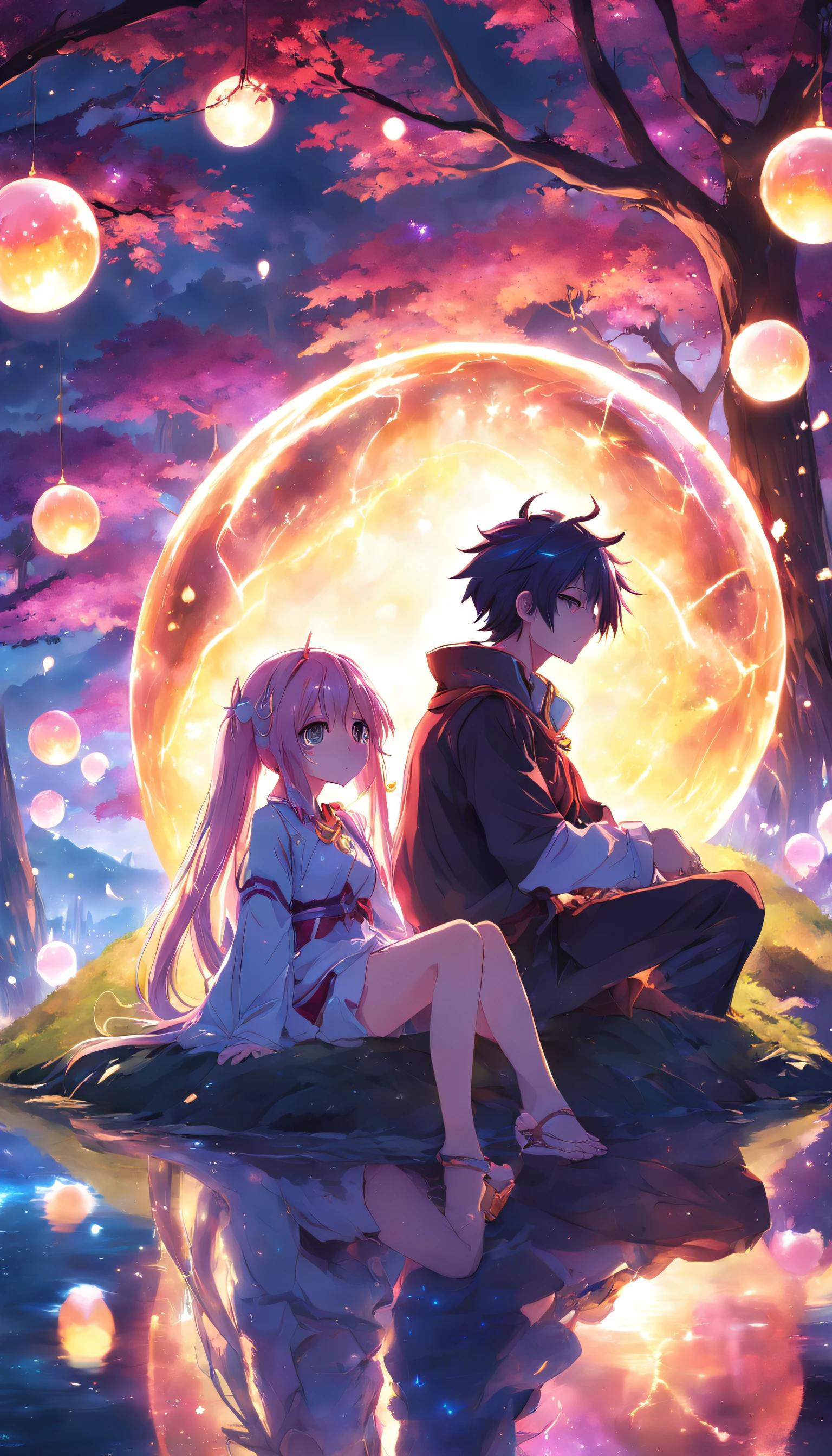 Anime couple sitting on the ground，With glowing spheres, no game no life, beautiful fantasy anime, anime in fantasy style, zerochan art, hd anime wallaper, Anime fantasy artwork, anime wallaper, ethereal anime, Beautiful anime, Anime fantasy illustration, Beautiful anime artwork, anime artsyle, Beautiful anime art