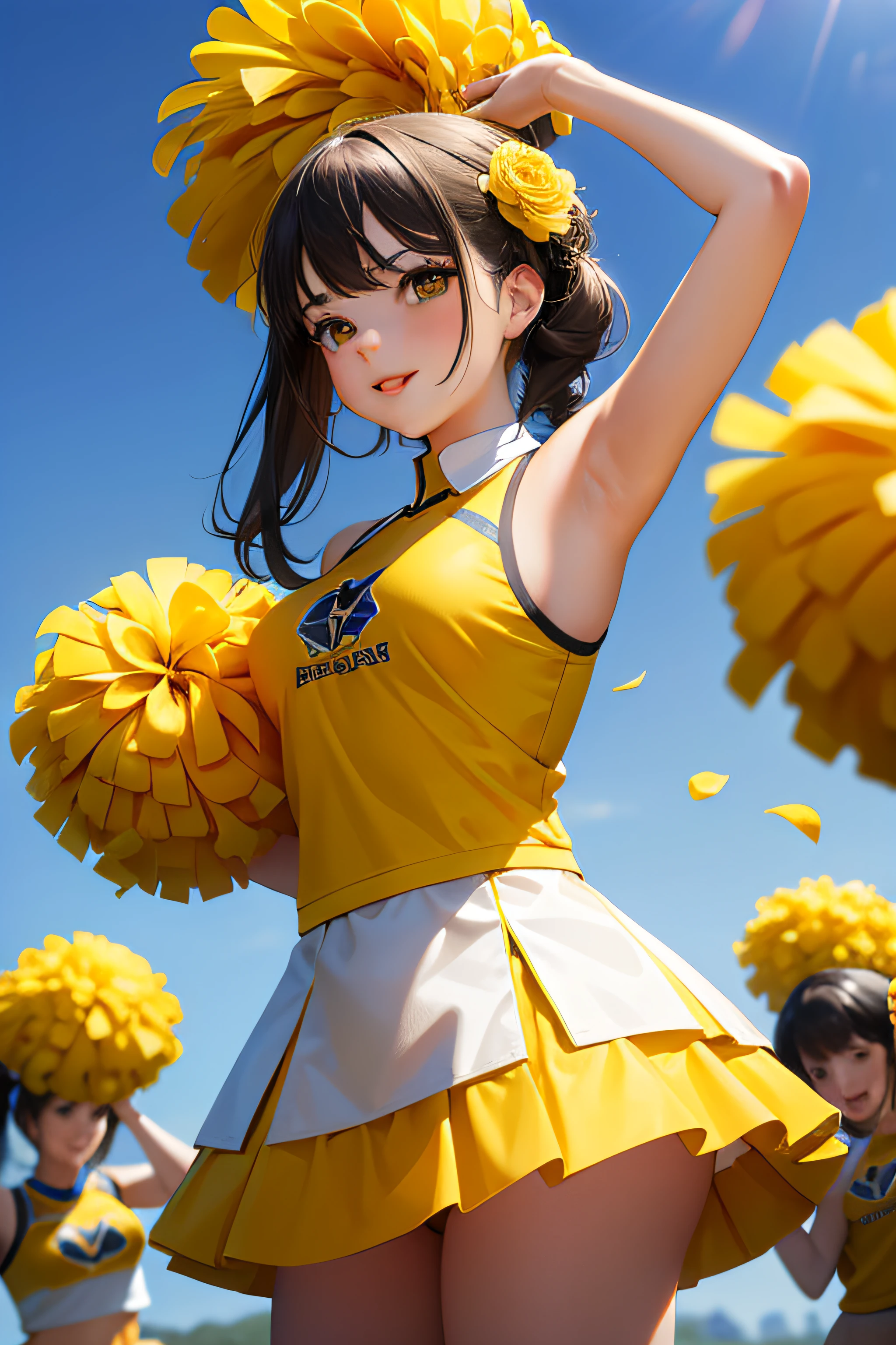 Young ladies in cheerleading uniforms waving yellow flower balls in the air,Yellowish,Still life with detailed realism,Meticulous,Dynamic outdoor shooting,Yellow and black cheerleading costumes,