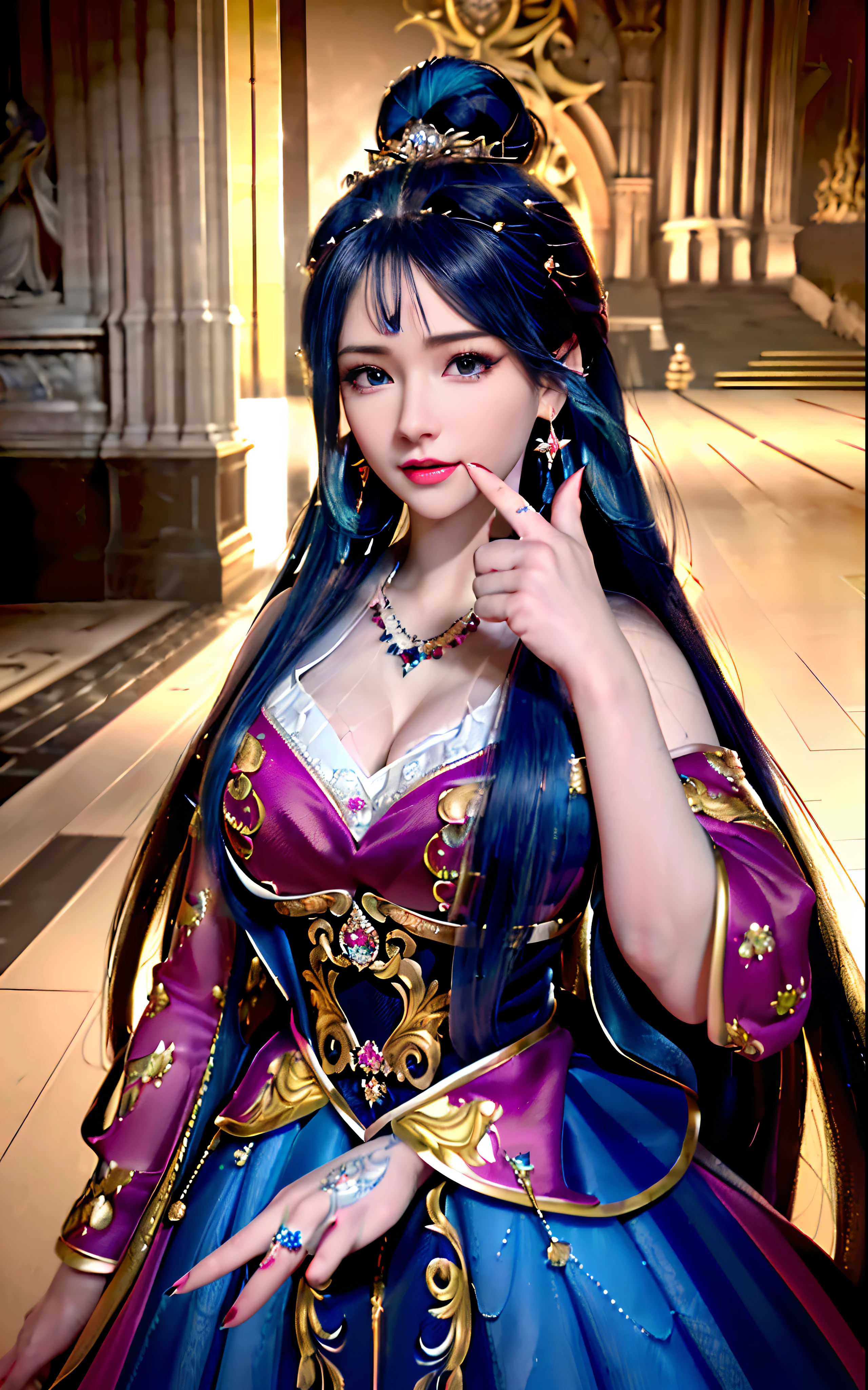 ((realisticity: 1.2)), ((realistic: 8K UHD)), ((best resolution: 8K UHD)), hyper detailed, best quality,masterpiece,highres,cg, ((1 girl hyper detailed and hyper realistic) ) , ((beautiful queen, hyper realistic and hyper detailed)),((white skin, beautiful, smooth, youthful, hyper realistic and hyper detailed )), ((Face hyper beautiful, white, hyper realistic and hyper detailed ) ), long hair, ((hyper realistic and hyper detailed dress)), solo, ((hyper realistic, hyper beautiful, beautiful and hyper detailed jewelry)), ((hyper beautiful deep red and golden yellow dress, hyper realistic and hyper detailed )) , ((Her pretty, hyper realistic, hyper detailed diamond filled earrings)), ((Her gorgeous diamond haircut, hyper realistic and hyper detailed)), ((hyper pretty upper body, hyper beautiful, hyper realistic and hyper detailed) ), ((medium breast: 1.1)), ((hyper realistic, hyper pretty, hyper detailed boobs)), ((the backgroun of the royal palace is hyper majestic, hyper realistic and hyper detailed)),((hands and palms hyper beautiful, hyper detailed, hyper realistic)), ((hyper detailed and hyper realistic fingers and fingernails)), ((hyper pretty fingernails, hyper vivid, hyper detailed, hyper realistic)), ((thumb, index finger, middle finger, ring finger, little finger hyper vivid, hyper pretty, hyper detailed, hyper realistic)),
((hyper beautiful fingers, hyper detailed, and hyper realistic)), ((posture not too fat and not too thin, hyper realistic, hyper detail)), ((hyper pretty, hyper pretty, hyper realistic and hyper detailed hair bun)), ((hyper pretty , hyper realistic and hyper detailed blue hair)), candid, Photo, high resolution, 8k , bokeh,