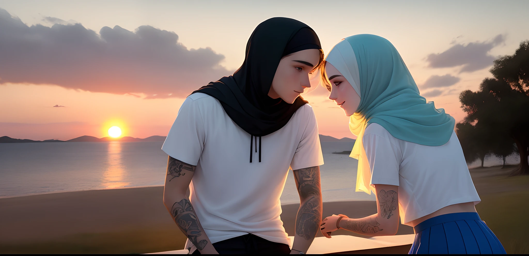 A young man with hair up to his neck with a tattoo and in white and blue school uniforms a girl in a hijab with a white shirt and a long skirt dark blue looking at each other at sunset