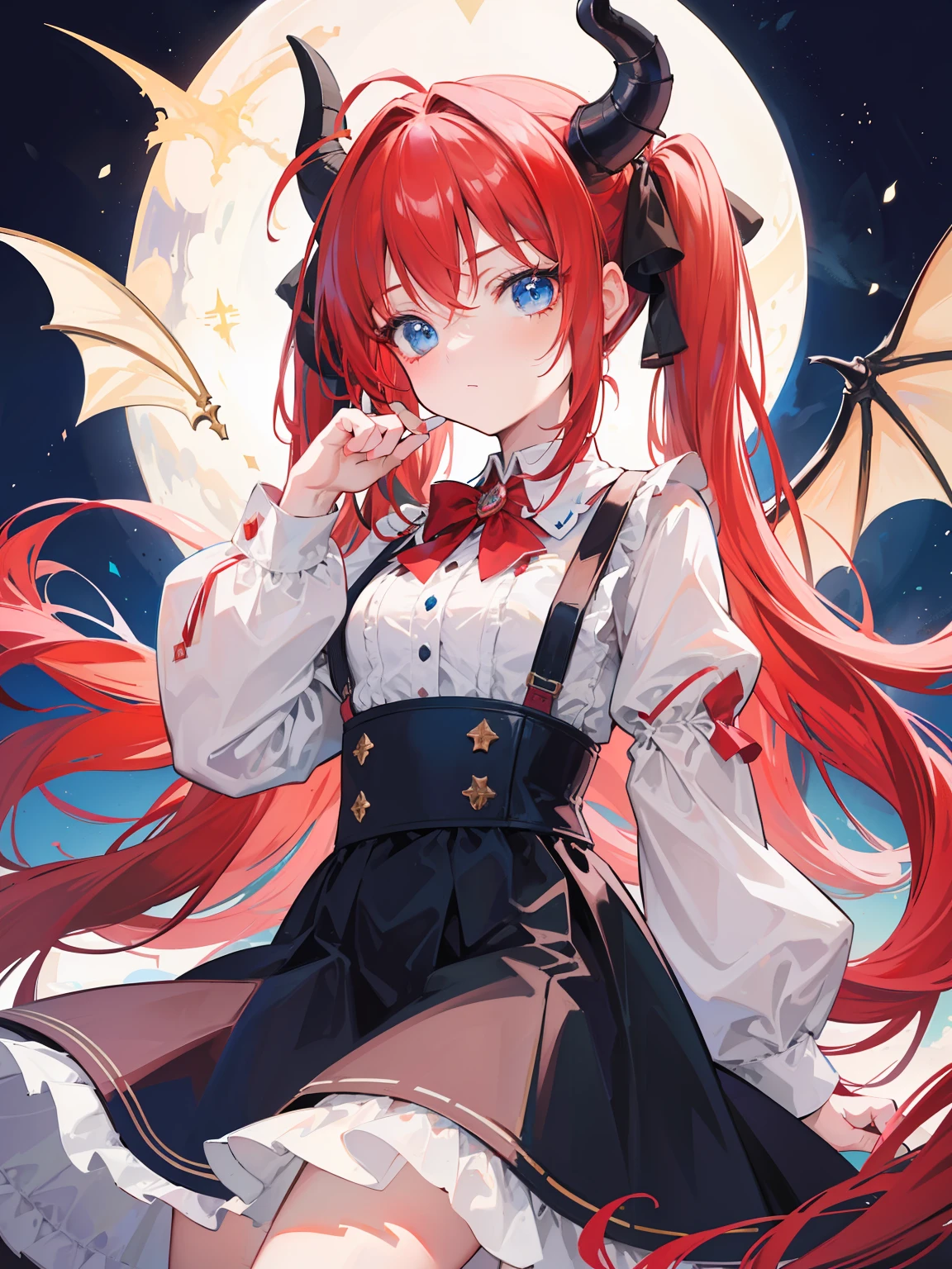 {{best quality}}, {{masterpiece}}, {{ultra-detailed}}, {illustration}, {detailed light}, red hair,blue eyes,twintails,lolita,Suspenders skirt,Fantastic,loli,solo,Dragon horns, girl,long hair