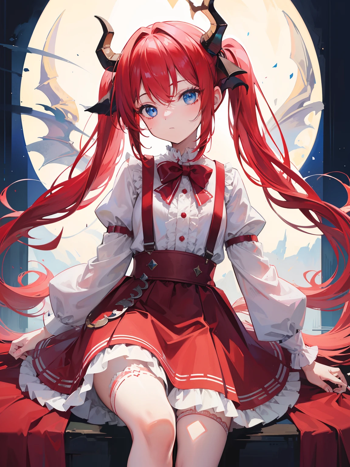 {{best quality}}, {{masterpiece}}, {{ultra-detailed}}, {illustration}, {detailed light}, red hair,blue eyes,twintails,lolita,Suspenders skirt,Fantastic,loli,solo,Dragon horns,little girl,long hair