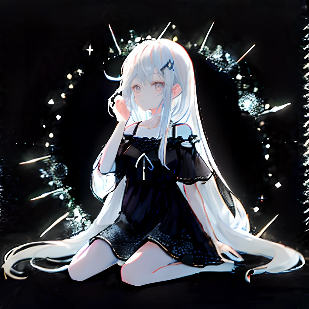 White long hair anime girl sitting on the ground,Wearing a white dress,Lace skirt,Long soft hair,adorable expression,Pure white hair,Bouquet of white hair,Long white hair that flows naturally,Charming white-haired doll,White-haired girl,Gray hair flutters in the wind,Pure and immaculate white hair,Fresh and natural fairy,with gray hair,Long hair as soft as snow。
