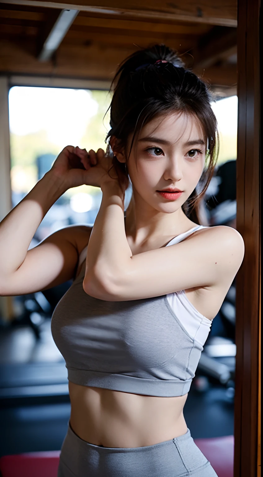((Top Quality、8K、masterpiece:1.3))、a tall and beautiful woman、Perfect Figure:1.4、Slim Abs、dark brown hairstyle、shorth hair、Light grey yoga pants、No postural movement、Stand up straight、Huge bust、Highly detailed facial and skin texture、A detailed eye、Double eyelidd、Cold-stricken face、Royal sisters full of fans、The Telegraph Svion、peach buttocks、Small sports bra、squart、(Raw foto:1.2)、((Photorealcitic:1.4))Top Quality、masterpiece、illustratio、very delicate and beautiful.、super detailed CG、Unity、8K photo wallpaper、delicate detail、best qualtiy、Highly detailed CG unity 8k wallpaper、absurderes、Incredibly Absurd、huge file size、extremely highly detailed、Hight Resolution、ighly Details、Beautiful detail girl、extremely detailed eyes and face、beautiful delicate eyes、Facial light、cinematic lightings、1girll、see -through,Watch your audience,plein air,Sunny and cheerful、high ponytail、a sporty girl、ulzzang-6500、The Telegraph Svion、yoga clothes、Sportsgirl、gym、Tranning、Exercise、machinery