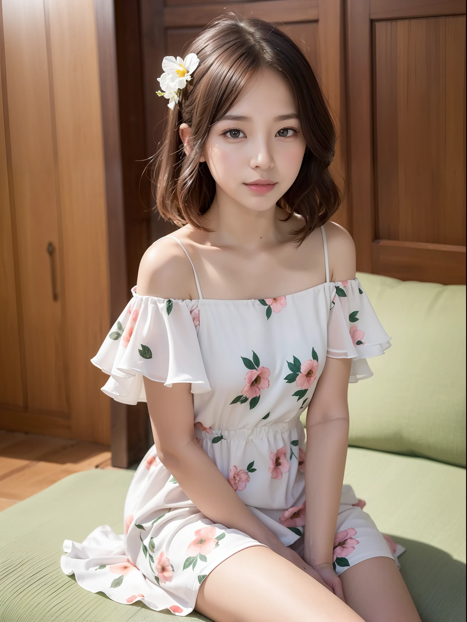 ((of the highest quality, 8K, masutepiece: 1.3, Raw photo)), Sharp Focus: 1.2, (1 AESPA Girl :1.1), Solo, (Realistic, Photorealistic: 1.37), (Face Focus: 1.1), Cute face, hyperdetailed face, Short messy hair, Small Smile, nude, (flower print Off-the-shoulder chiffon dress: 1.3), thigh, Sitting with one knee up, office, iris
