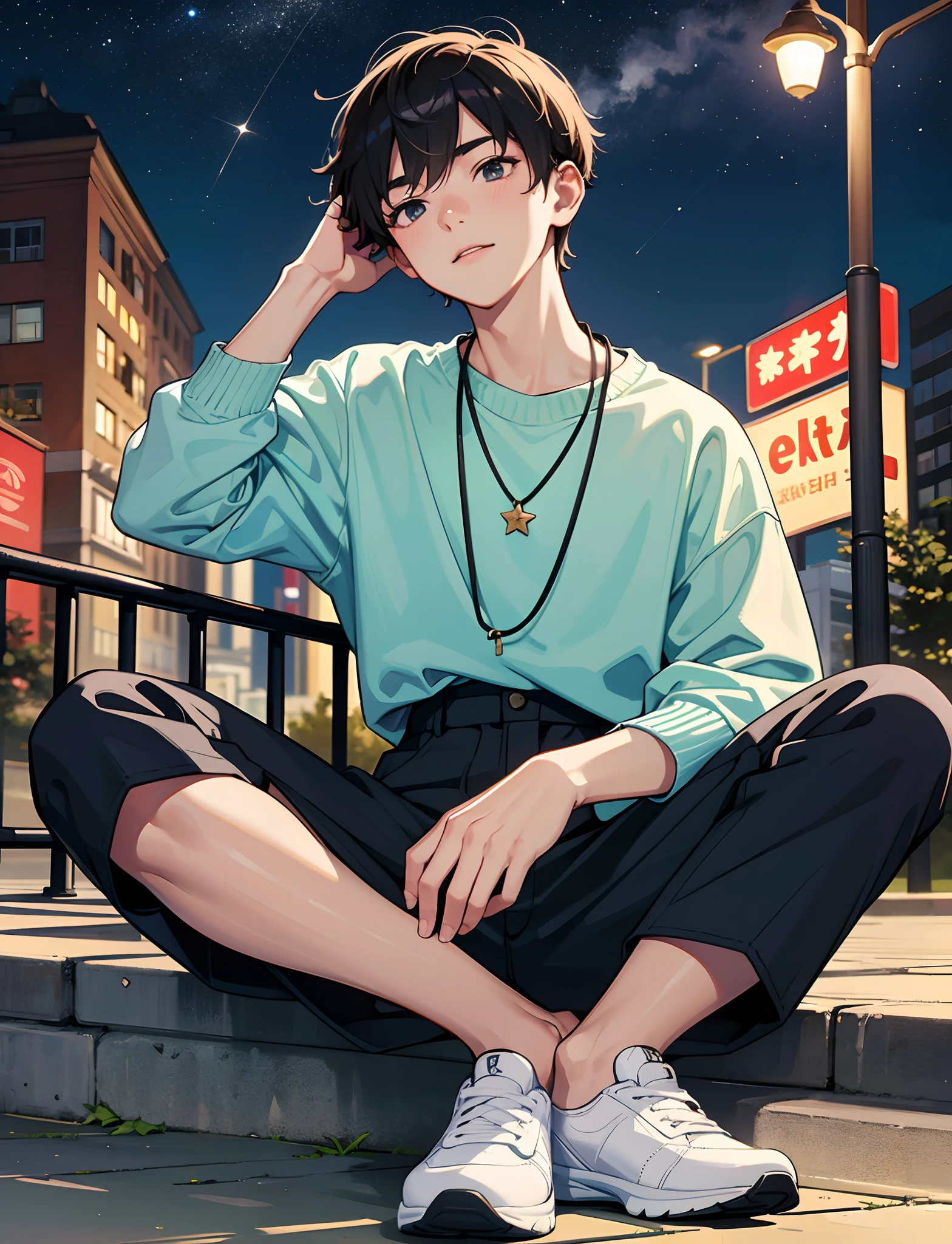 A young boy with，Dressed in casual attire，Wear sneakers，With a necklace，Sit under a street lamp，the night，looking up and counting the stars in the sky，Close-up of people，Ultra-high definition